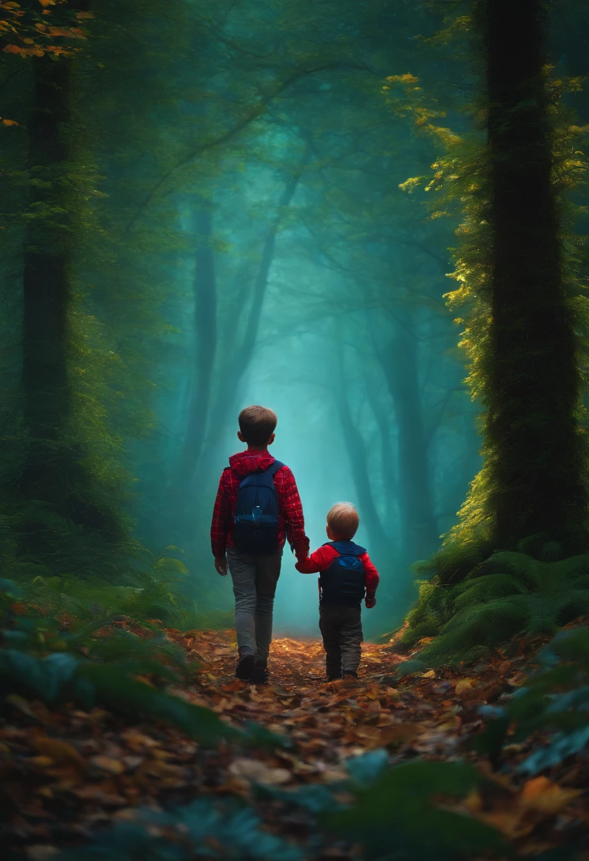 a couple of boy with 8 years each child, in a magical forest