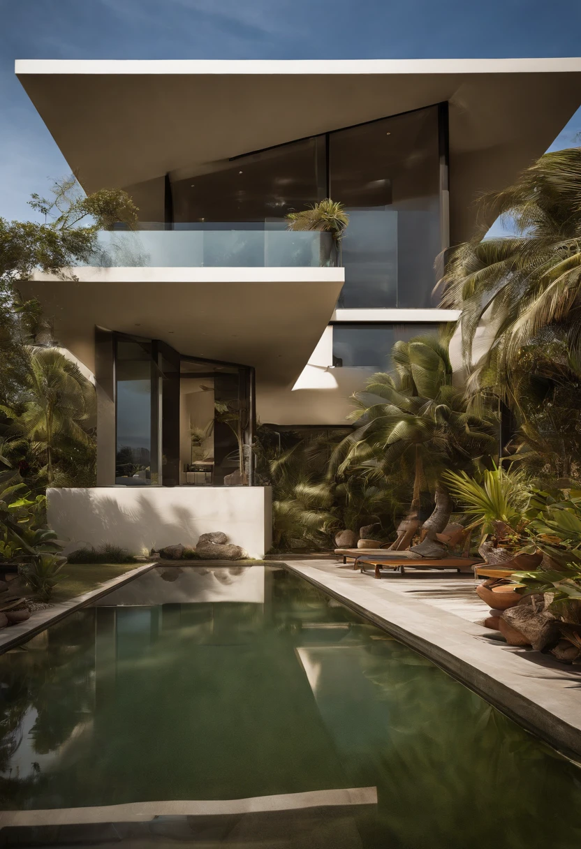 Luxury beachfront Caribbean luxury villas, Glass open space loft villa with roof garden, modern, Dynamic (RAW photo, Real, Best quality, Masterpiece:1.2), (Ultra photo realsisim, photo-realistic:1.2), High quality, (Dark lighting:1.2), Perfect lighting, archdaily, Architectural Digest Award winner sustainable architecture, Cinematic
