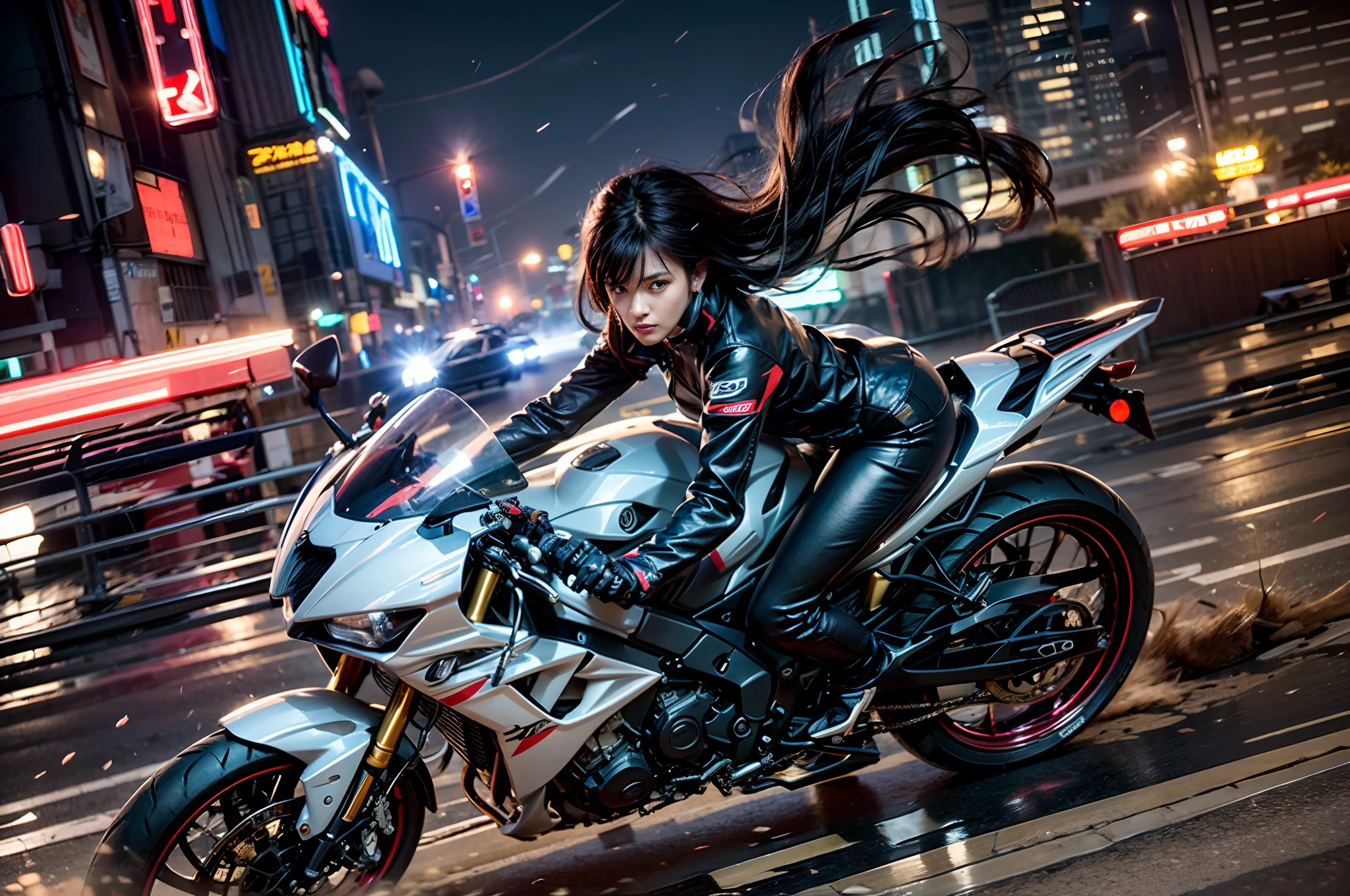 (8K),(Photorealistic:1.4),Masterpiece, Best Quality,1Girl on a big motorcycle with shiny rear wheels of cybersport type, Wide Angle, Solo, Black rider with fluorescent blue lines, thighlet, Black hair knot, Black eyes, (Cyber Future City), highway, machinery, auto, motorcycle, the panorama, Speedline, motion blur, Depth of field, perspective, the panorama, floating hair, natta, neon trim, Turns due to sudden braking, Smoke from motorcycle drifting tires, (Light line on motorcycle tail lamps), Dynamic composition, Turning around the front wheel, sense of speed, (Motorcycle Sink Shot), Flowing neon lights, (Smoke from the rear wheel of the bicycle), (Exhaust to the back of the bike: 1.2), A motorcycle tilted parallel to the ground flows to the back of the screen (Motorcycle tires emit lightning: 1.4), (Motorcycle wheels glow)