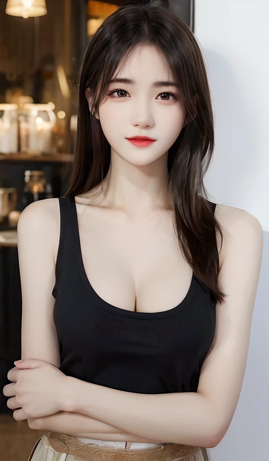 (8k, RAW Photo, Best Quality, Masterpiece:1.2), table top, Ultra Detail, Super Resolution, (Realistic, Realistic Photo:1.37), Portrait, High Detail RAW Color Photo, Professional Photo, Extremely Detailed and Beautiful, Extremely detailed, 8k wallpaper, amazing and detailed, huge file size, official art, highly detailed CG unity 8k wallpaper, highly detailed beautiful girl, highly detailed face, highly detailed eyes, highly detailed skin, highly detailed fingers, highly detailed nose, very detailed detailed mouth , perfect anatomy, highly detailed background, highly detailed clothes, 1girl, ,cute girl, realistic body, fair skin, glowing skin , slim body, handsome body, black hair , Semilong hair, (blunt bangs:1.2), smile, cute, youthful, cute face, realistic face, delicate eyes, drooping eyes, looking at viewer, standing posture, Contraposto, dynamic lighting, (medium breasts), (Perfect Body Proportions), (slender Body Proportions), (tank top), (mini skirt), (Inside the pub),