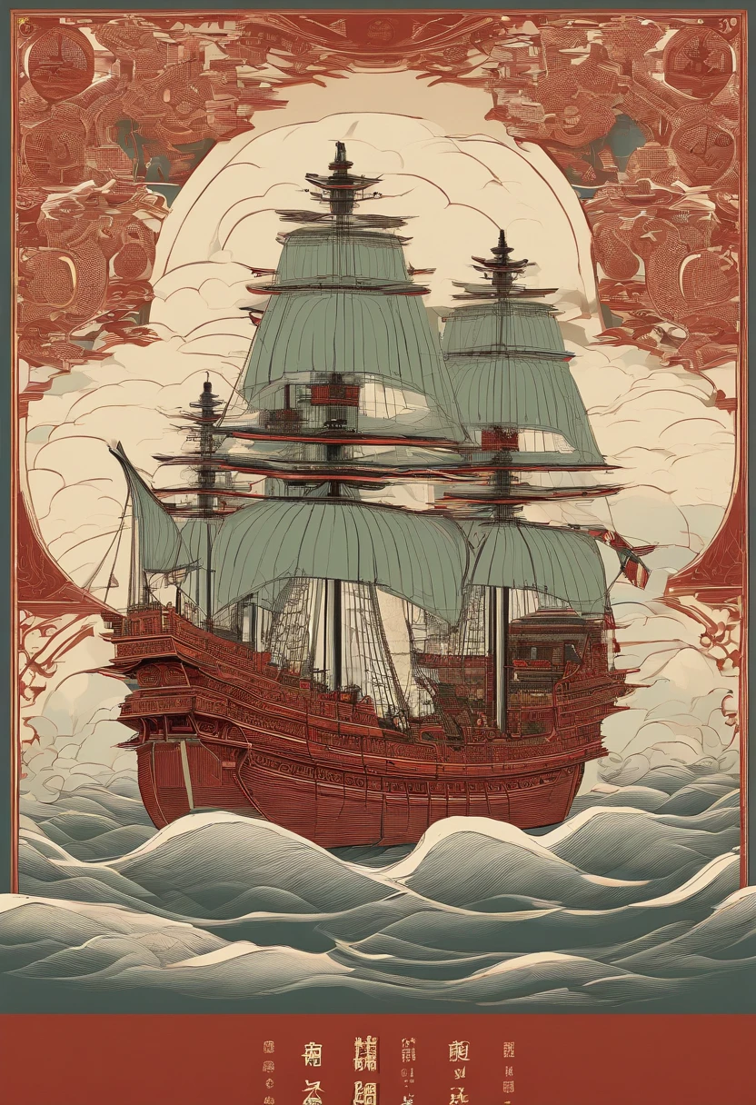 Zheng He treasure ship,Deconstruct the reorganization,Chinese pattern,incise,constitute,Graphic illustration,Constructivism,Abstract,lichen,simplified