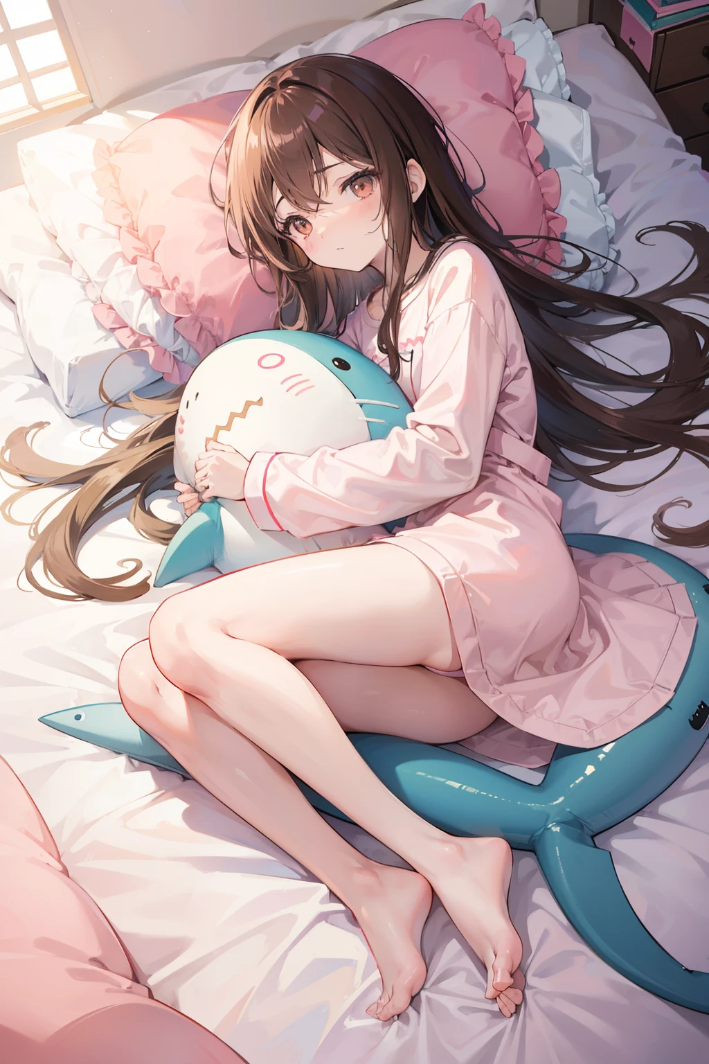Anime girl, long brown hair, in cute white and pastel pink pajamas, laying on her bed, beautiful brown eyes, sleepy expression, holding a shark plushie (Blahaj from ikea), bare legs, smooth legs, 8k, high resolution, in a beautiful room background, good anatomy