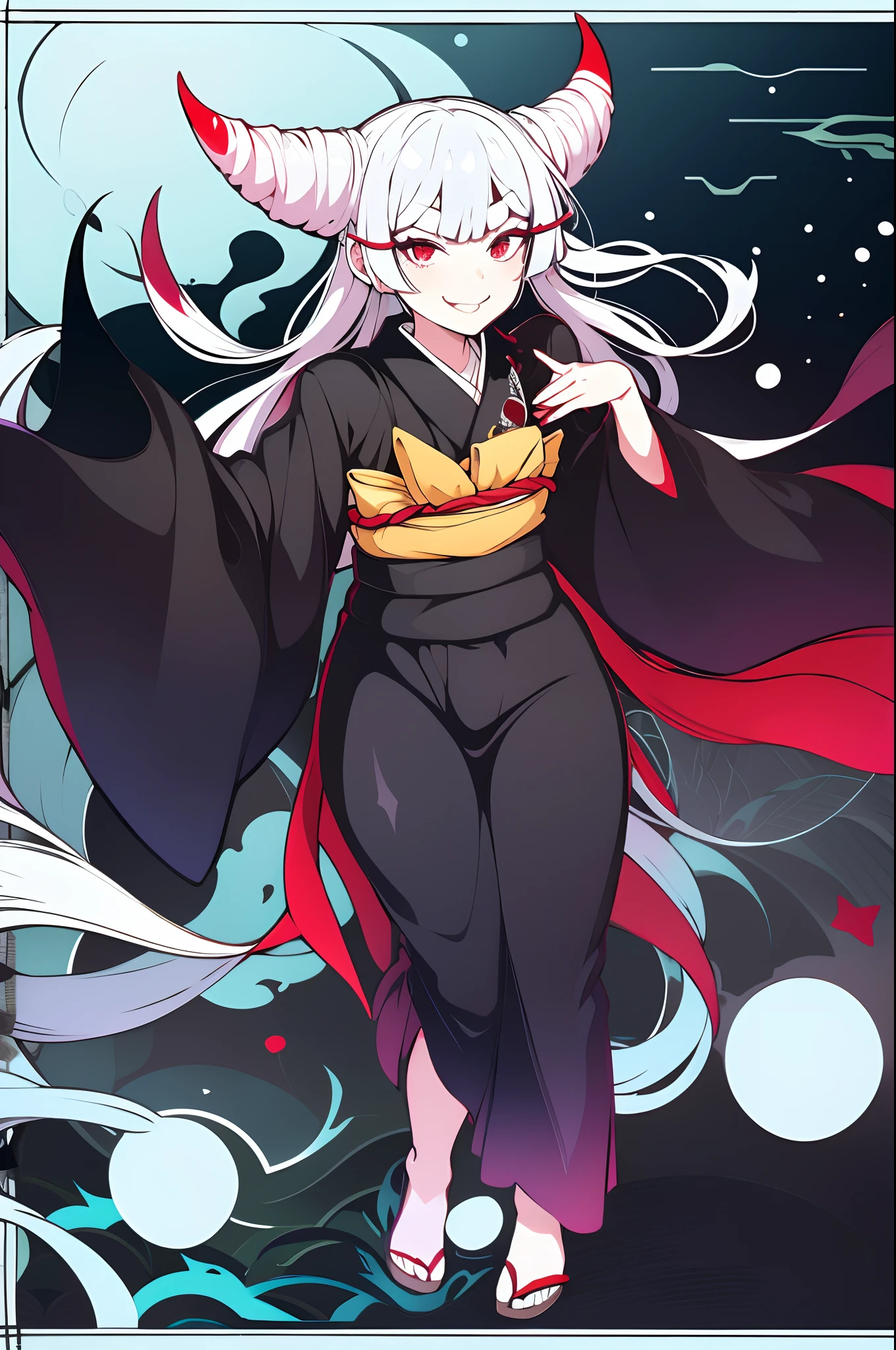 Urara ayashimon, silver hair, horns hair, red eyes, ****, black kimono,  smile, full body, flipflops,