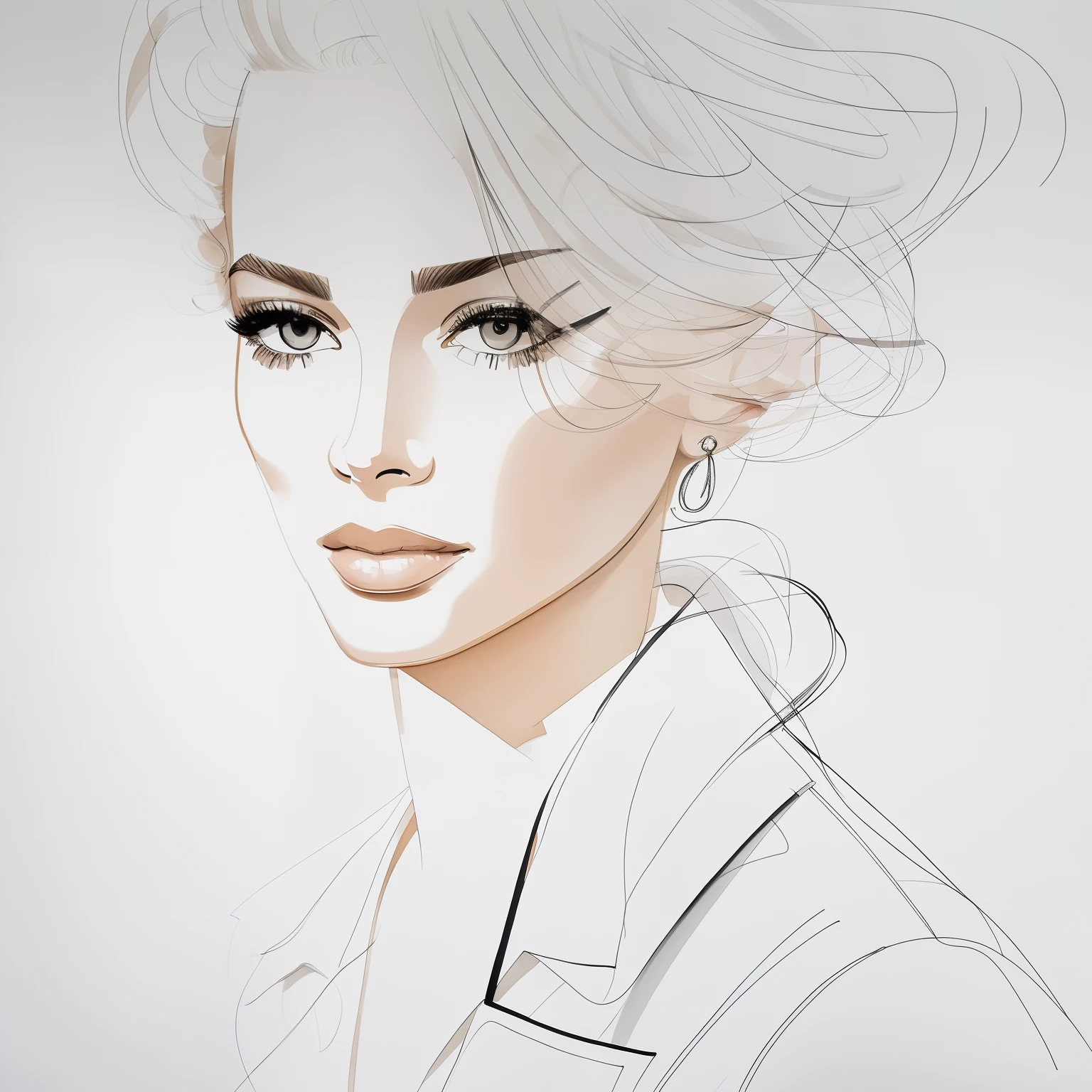 David downton fashion illustration, mustafa soydan drawing, line art sketch on a white background, beautiful woman face portrait, slim figure, jacket, natural color