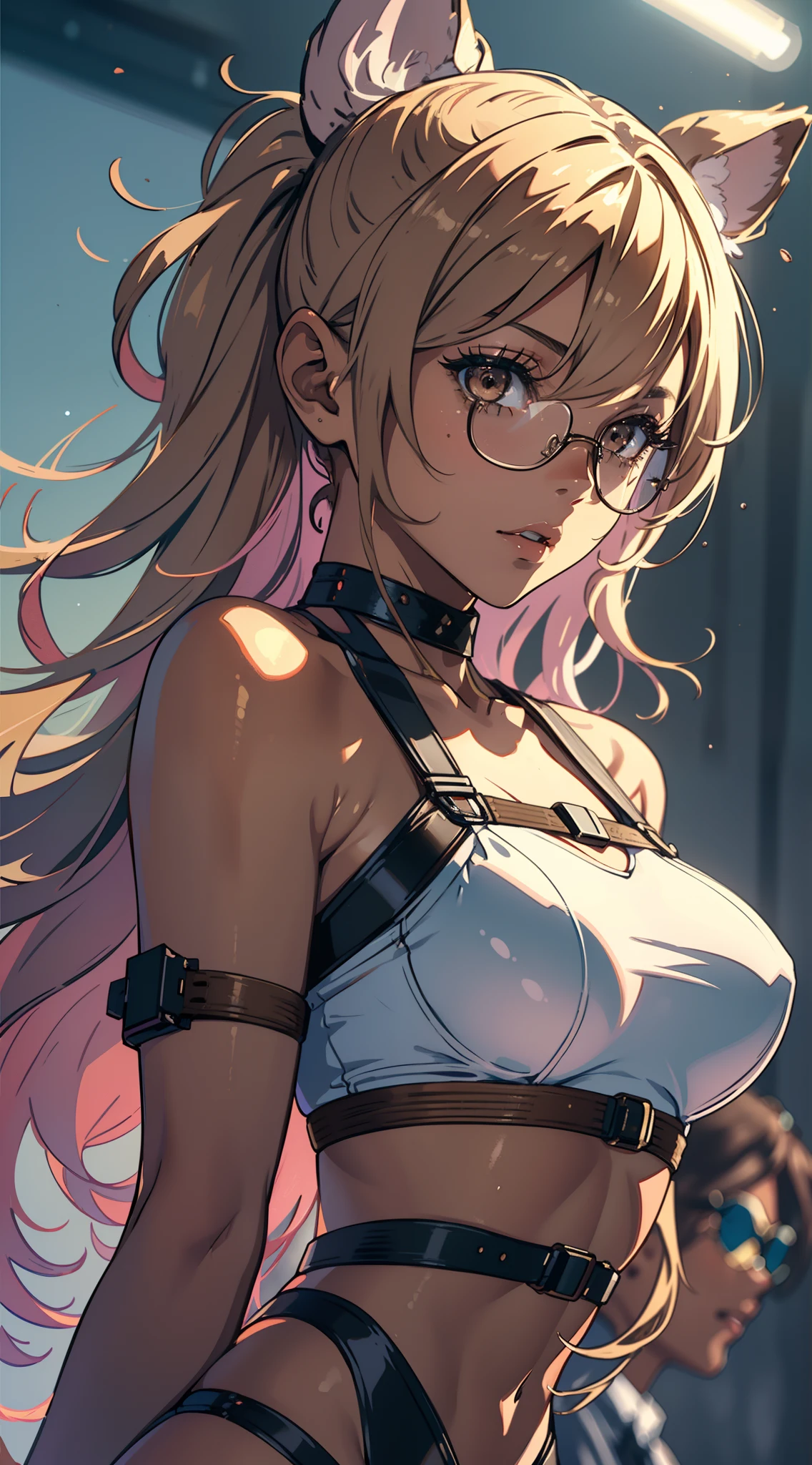 1People Girls,lineup, harems, ((On stage,spot light,)) ((masuter piece)), ((High resolution)), ((Best Quality)), detail,((clean body))、 (Excited face:1.3),((Cuffed, Wrists are tied)), (Bondage Suit:1.6), girl with, Glaring, Pink hair、((Brown skin tone:1.7), Normal , fear, breasts focus, cinmatic lighting, perfectly shaded, Realistic lighting with shades,