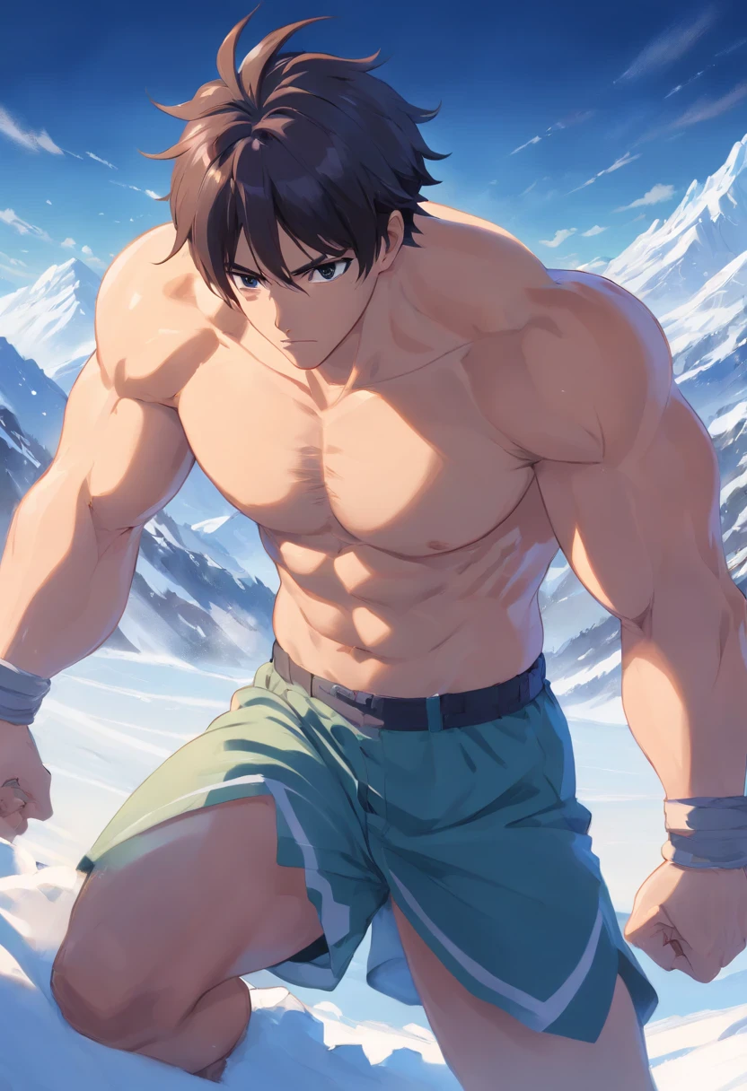 ultra realist, fantaisie, homme de 30 ans, grand et fort, brawny, athletic body, long cheveux , Ice giant, Observateur, serious and thoughtful , torse nue, snow-capped mountains in the background, twilight,