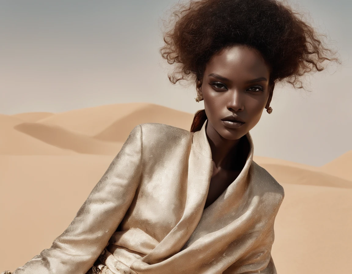 Create an evocative Paolo Roversi-style fashion photography masterpiece reminiscent of paparazzi shots. Capture a striking Sudanese model draped in exquisite Givenchy haute couture amidst the gritty, sun-soaked streets of Khartoum. Utilize semi-arid hues to infuse authenticity into this Vogue Italia fashion editorial. Opt for the Nikon D850 camera, with its full-frame sensor and 45.7 megapixels, to ensure unparalleled image quality and detail for this high-fashion shoot.