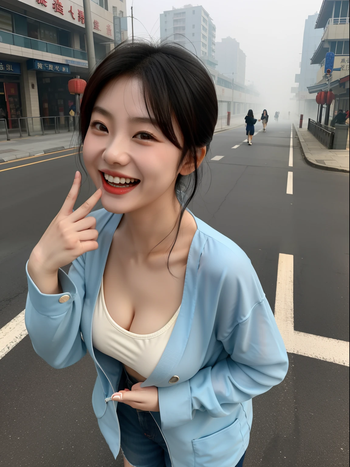 foggy street, Chinese laughing woman is gentle and cute，Round eyes, Deep V without back，big breast,full bodyesbian,  Semi-naked breasts, Anatomically correct， long eyelasher, first person perspective，in a panoramic view，High quality,Masterpiece,Super meticulous，
