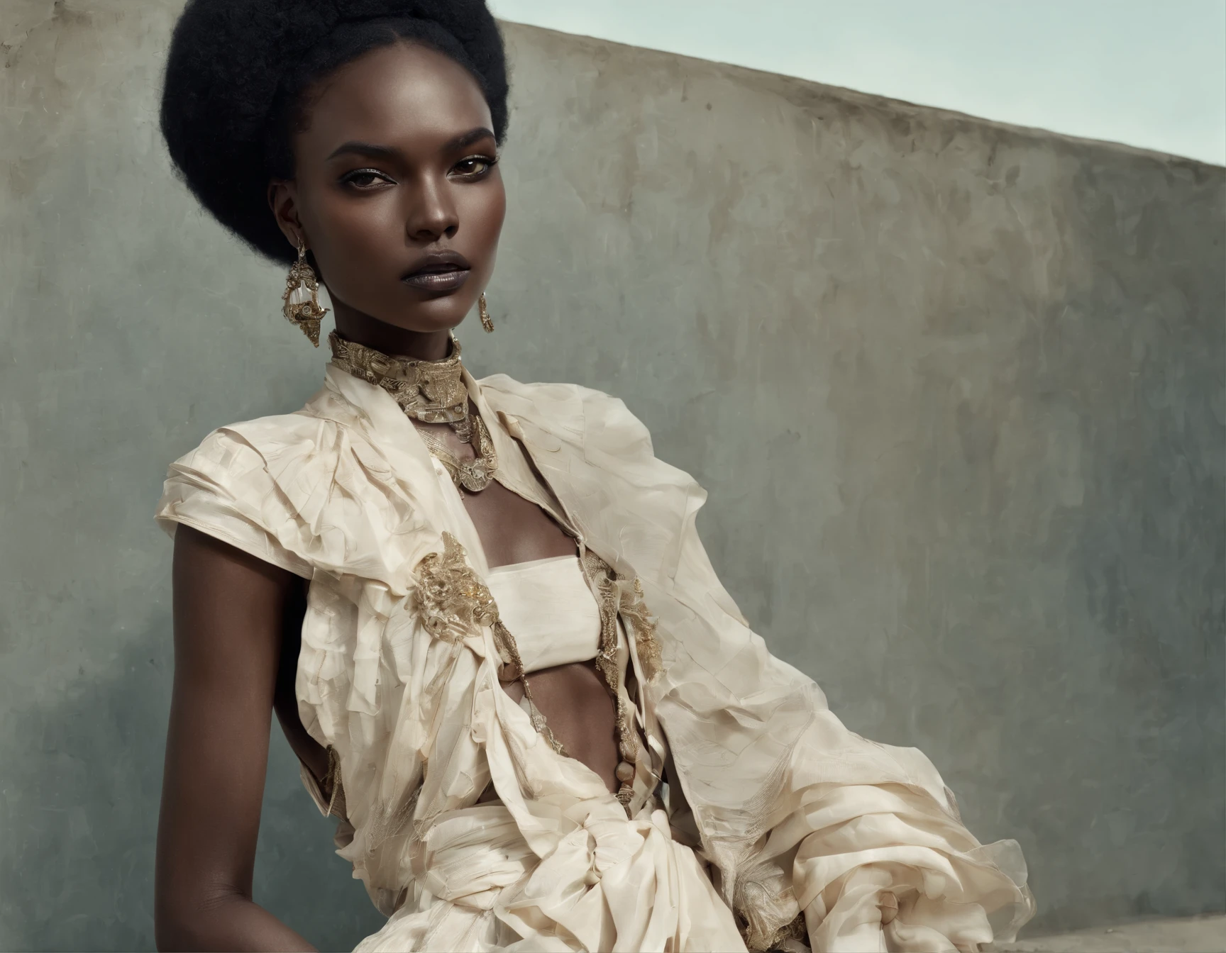 Create an evocative Paolo Roversi-style fashion photography masterpiece reminiscent of paparazzi shots. Capture a striking Sudanese model draped in exquisite Givenchy haute couture amidst the gritty, sun-soaked streets of Khartoum. Utilize semi-arid hues to infuse authenticity into this Vogue Italia fashion editorial. Opt for the Nikon D850 camera, with its full-frame sensor and 45.7 megapixels, to ensure unparalleled image quality and detail for this high-fashion shoot.