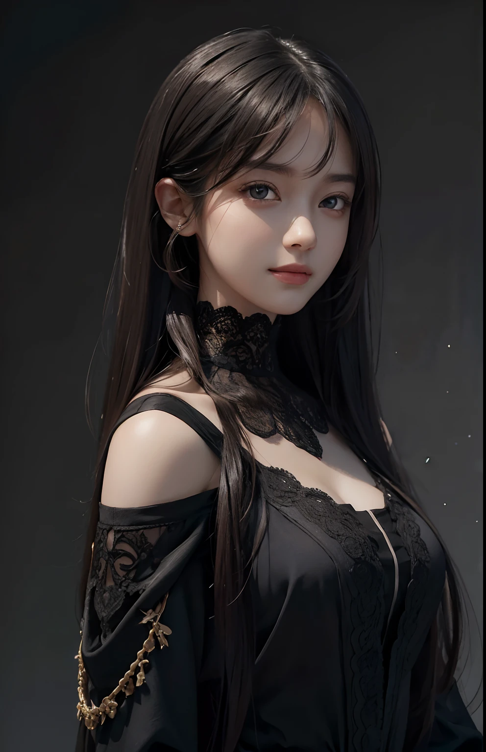 Black cocktail hat with small lace flowers on the head、A detailed face、Dynamic Posing、Black see-through black halter neck dress、Show shoulders、Lace fabric on face、Thin see-through lace fabric