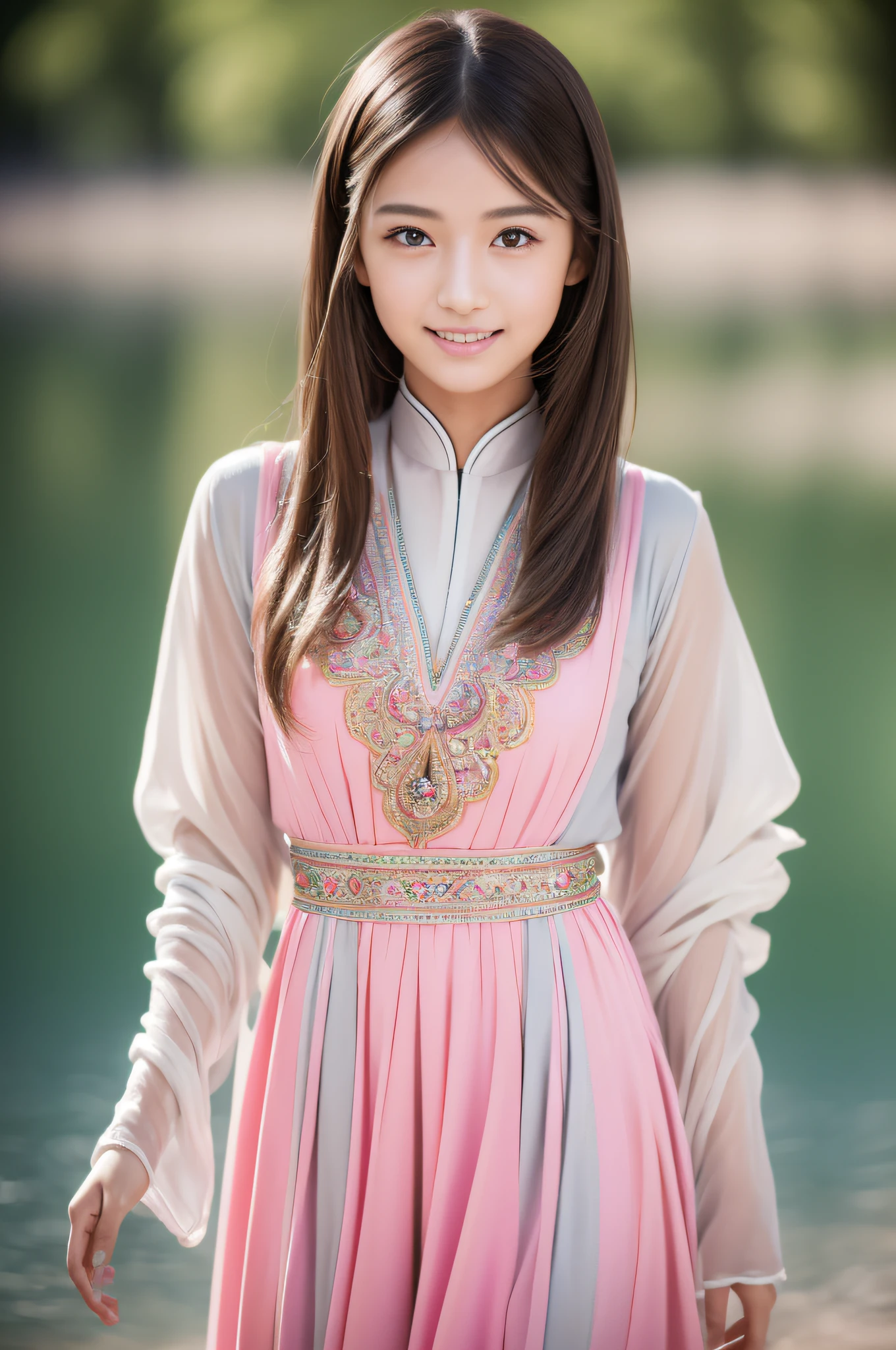 (Masterpiece:1.3), (8K, Photorealistic, Raw photography, Best Quality:1.4), (1girl), Beautiful face, Realistic face, (Detailed face), Beautiful hairstyle, (Detailed hair), Realistic eyes, (Detailed eyes), Beautiful details, Realistic skin, (Detailed skin), Beautiful skin, Attractive, Ultra high definition, A hyper-realistic, Very detailed, (medium breasts:0.5), Japanese beauty, (slim figure), (walking runway, arafed woman in a Arab folk costumes, richly decorated costumes, sexy, pink-based colors ), cute young Japanese girl, pretty young Japanese girl, (gray gradation background)