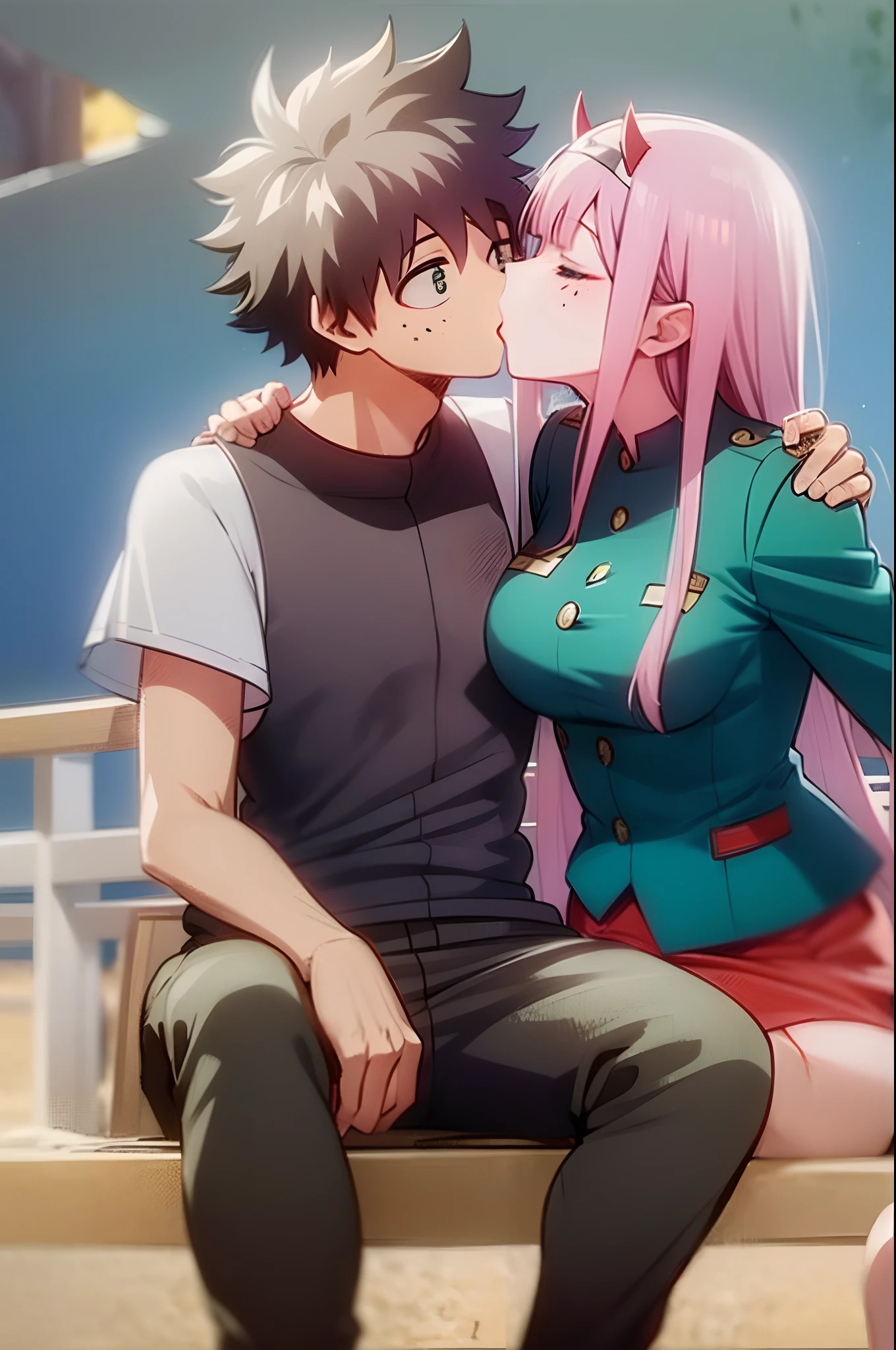 zero two, 1girl, zero two naked_shirt,vest_print:, izuku from bnha, izuku and zero two being a lovey dovey couple very affective in a beach, izuku with pants and pullover, love , happy, ,1girl,, ,sitting, standing, french kiss, kissing, 1boy, couple, husband and wife