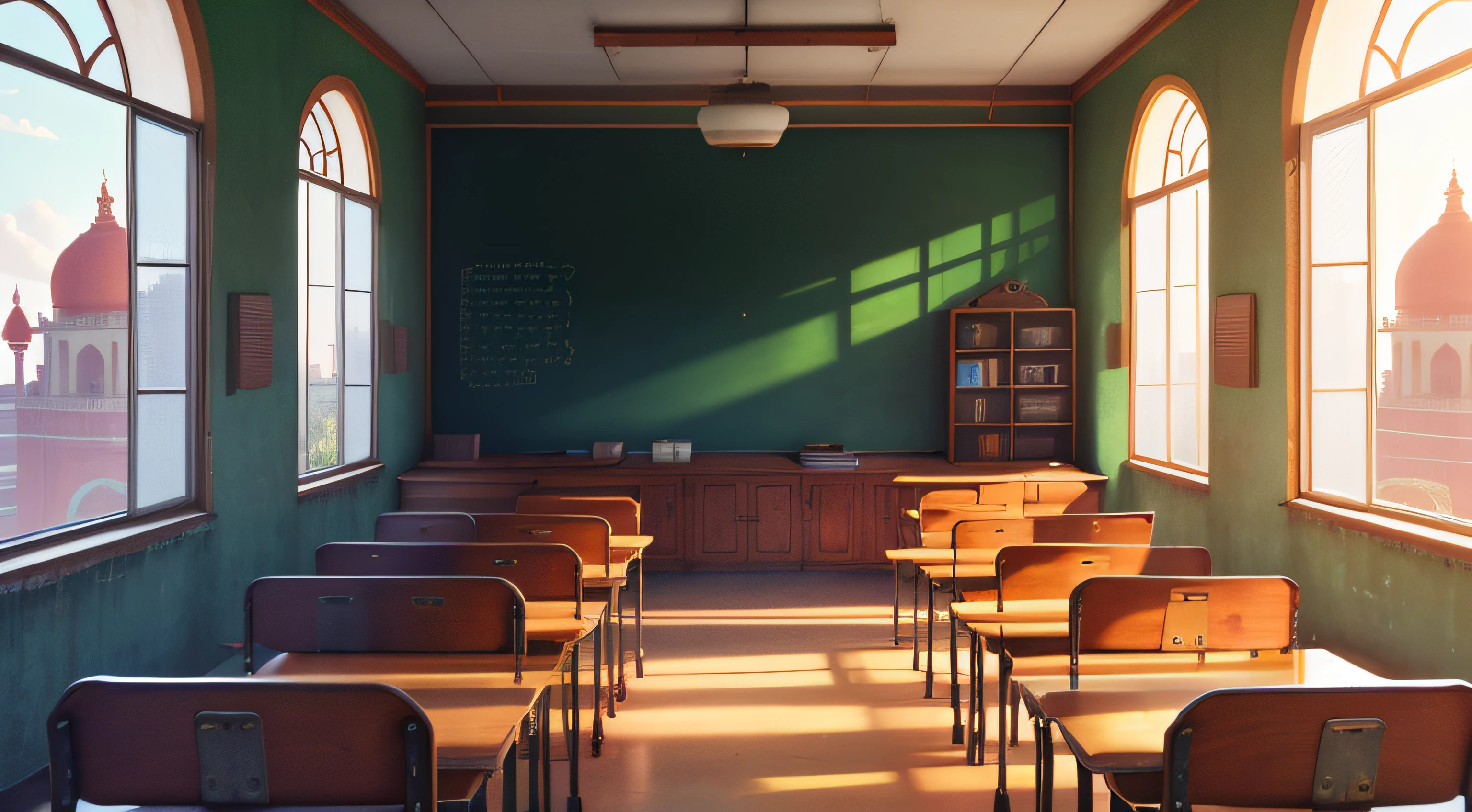 There are many empty desks in a classroom with a chalkboard - SeaArt AI