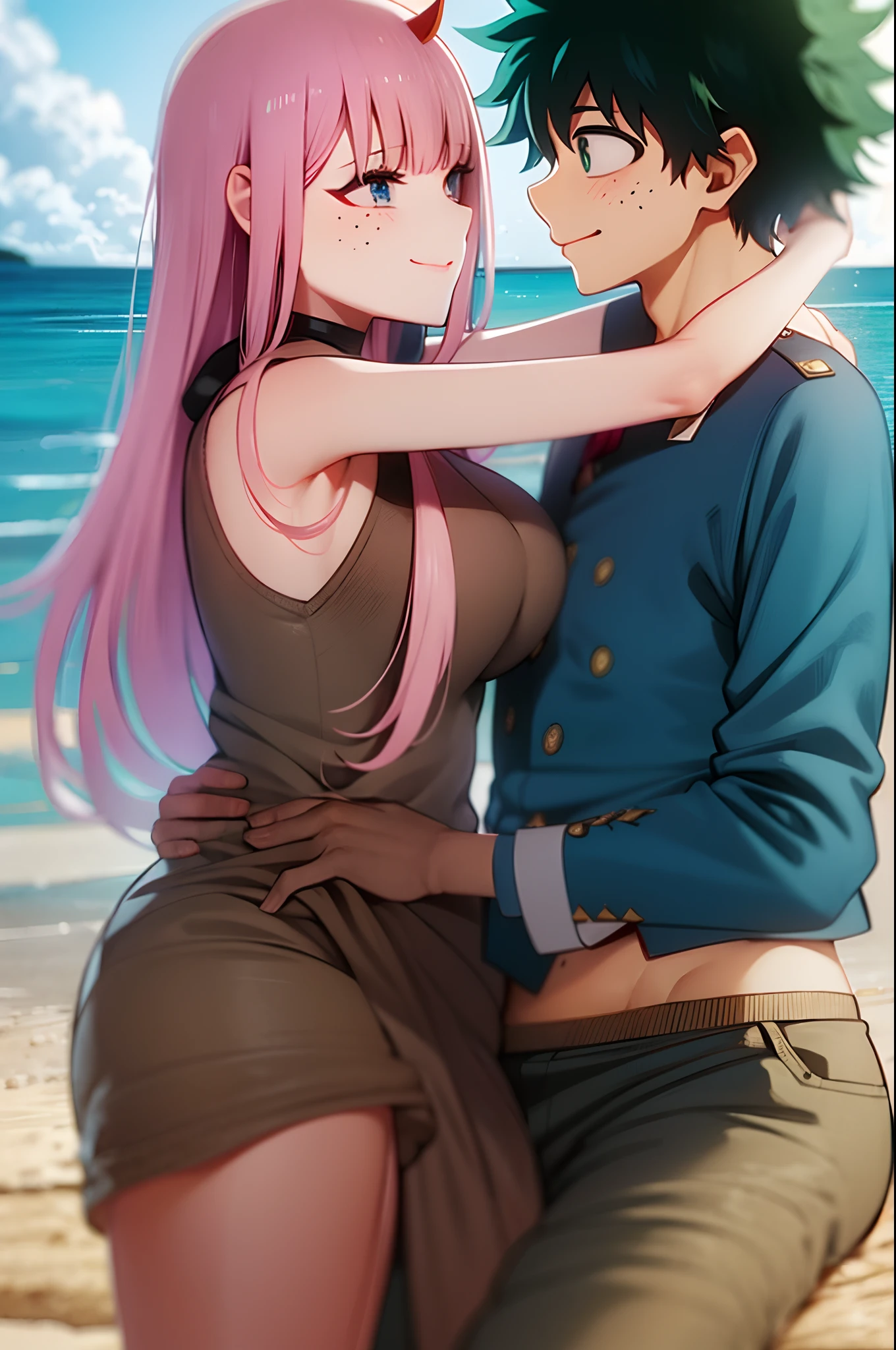 zero two, 1girl, zero two naked_shirt,vest_print:, izuku from bnha, izuku and zero two being a lovey dovey couple very affective in a beach, izuku with pants and pullover, love , happy, ,1girl,, ,sitting, standing, french kiss, kissing, 1boy, couple, husband and wife