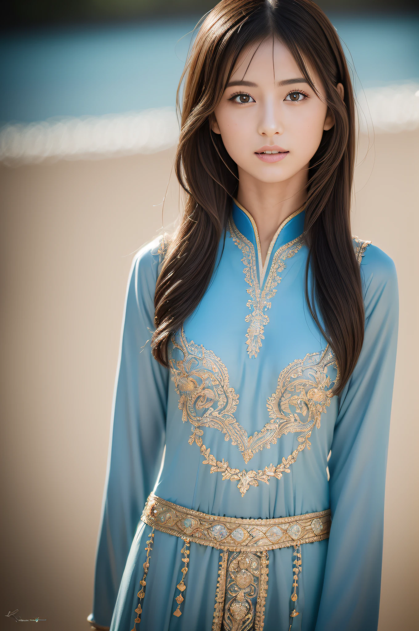 (Masterpiece:1.3), (8K, Photorealistic, Raw photography, Best Quality:1.4), (1girl), Beautiful face, Realistic face, (Detailed face), Beautiful hairstyle, (Detailed hair), Realistic eyes, (Detailed eyes), Beautiful details, Realistic skin, (Detailed skin), Beautiful skin, Attractive, Ultra high definition, A hyper-realistic, Very detailed, (medium breasts:0.5), Japanese beauty, (slim figure),
(walking runway, arafed woman in a Arab folk costume, richly decorated costume, sexy, blue-based color ),
cute young Japanese girl, pretty young Japanese girl, (gray gradation background)