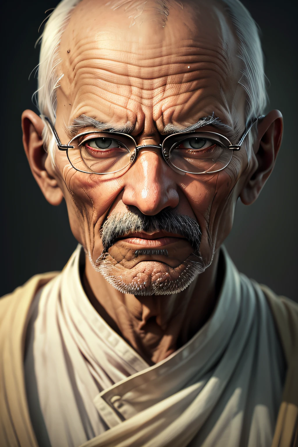 old male,1man, very Mahatma Gandhi, frowning,4k, high-res, masterpiece, best quality, sharp focus (cinematic lighting), very confident, generous, bald, facing front, portrait