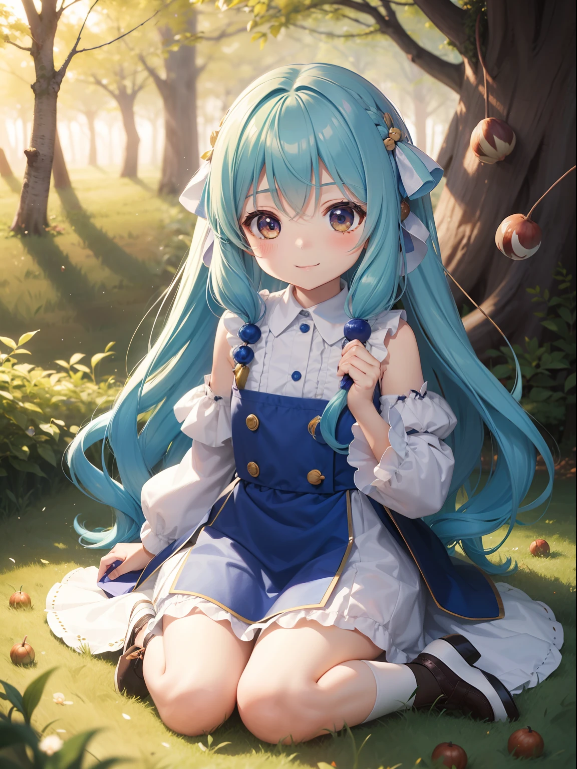 Anime girl with blue hair sitting on the ground in the woods - SeaArt AI