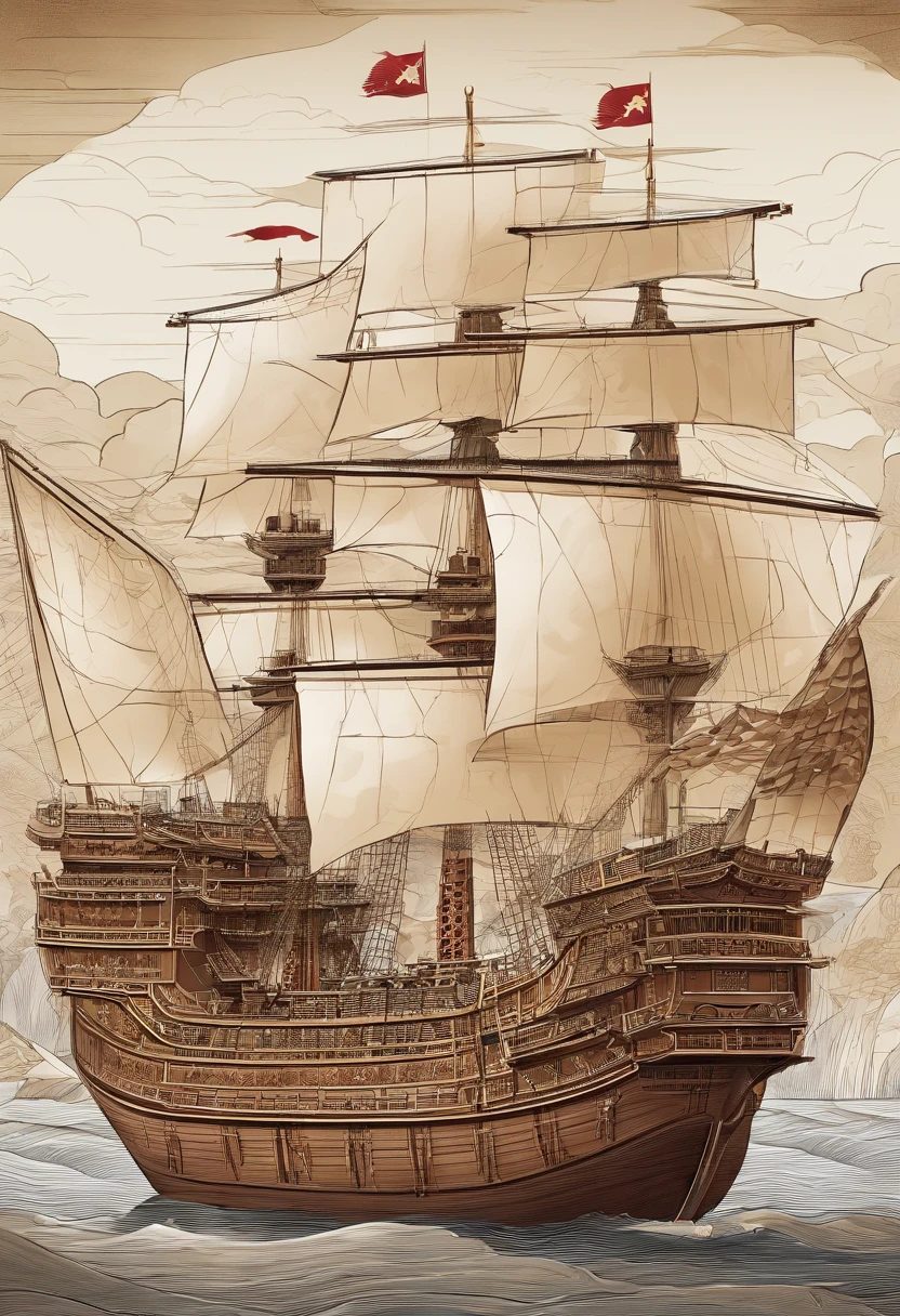 Zheng He treasure ship，Deconstruct the reorganization，Chinese pattern，incise，constitute，Graphic illustration，Constructivism，Abstract，lichen，simplified，Treasure ship cutting reconstruction