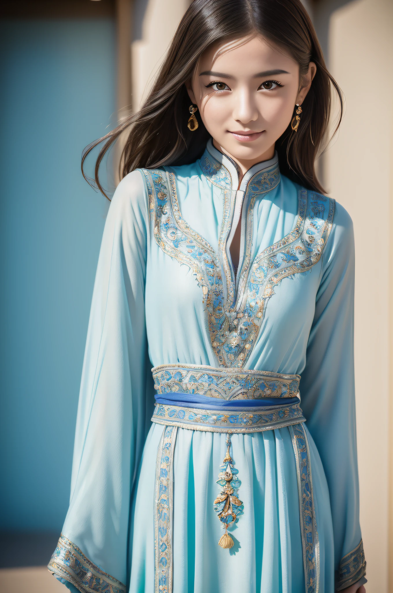 (Masterpiece:1.3), (8K, Photorealistic, Raw photography, Best Quality:1.4), (1girl), Beautiful face, Realistic face, (Detailed face), Beautiful hairstyle, (Detailed hair), Realistic eyes, (Detailed eyes), Beautiful details, Realistic skin, (Detailed skin), Beautiful skin, Attractive, Ultra high definition, A hyper-realistic, Very detailed, (medium breasts:0.5), Japanese beauty, (slim figure),
(walking runway, arafed woman in a Arab folk costume, richly decorated costume, sexy, blue-based color ),
cute young Japanese girl, pretty young Japanese girl, (gray gradation background)
