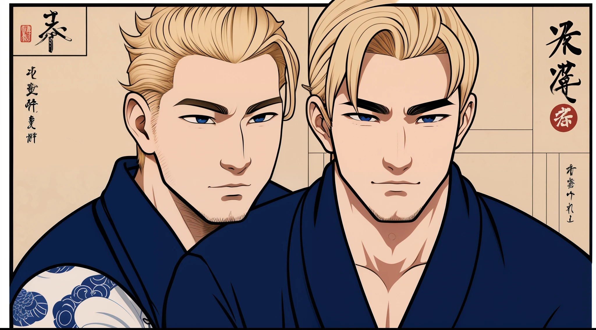 Ukiyo-e, young male, blonde, volcano, screensaver, cargo pants, caucassian masculine square faces, hugs