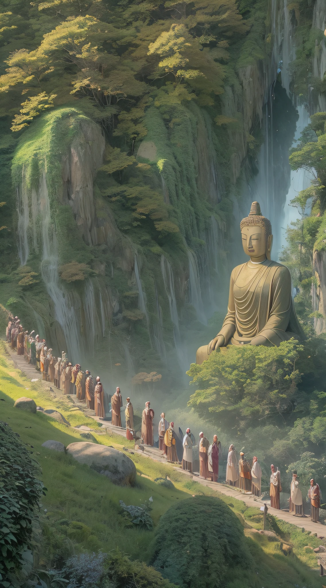 (A group of pilgrims on the way:1.5),In the distance is a huge tall Buddha statue,with mountains,Covered in moss, Peaceful face, Buddhist,,Detailed unblurred face, Stoic face,photore, The sky shines gold,holy rays,Zen temple background,Verism, En plein air, Cinematic lighting, stereograms, Masterpiece, hyper HD, Best quality