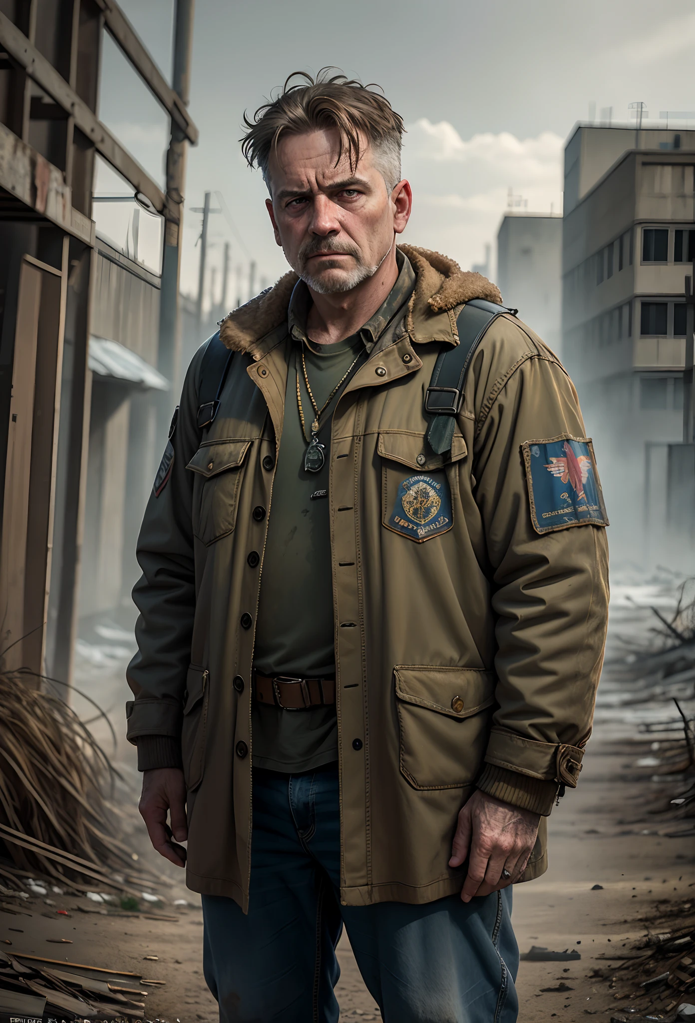 (masterpiece, best quality), intricate details, realistic, photorealistic, a full body portrait, middle aged man, worn dirty military clothing, faded colors, frowning look, stalker gane style, blue-eyed, postapocalyptic background, chernobyl, film grain, cinematic light, dark atmosphere,