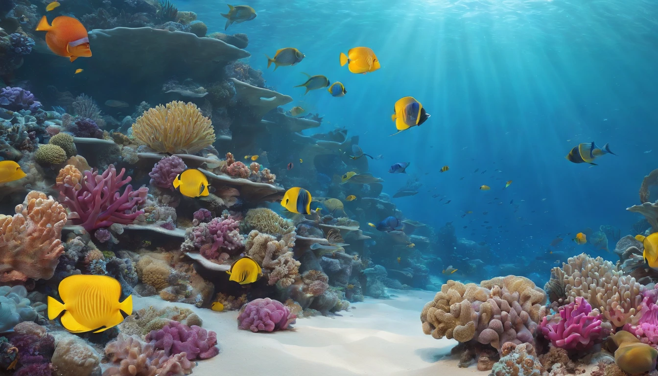 Arte conceitual da vida marinha, Paisagem submarina, Vida marinha,Beautiful coral reefs come in different forms, ..3d,, peixe, Illustration of female animated fantasy. Longos cabelos brancos espalhados no mar, deriva, Muito harmonioso. Toda a pintura adota um estilo de pintura confuso e imaginativo. Colors are bright and saturated, E com linhas suaves. The mystery and beauty of the ocean, The painting depicts an underwater world full of life and vitality, Papel de parede animado 8 K