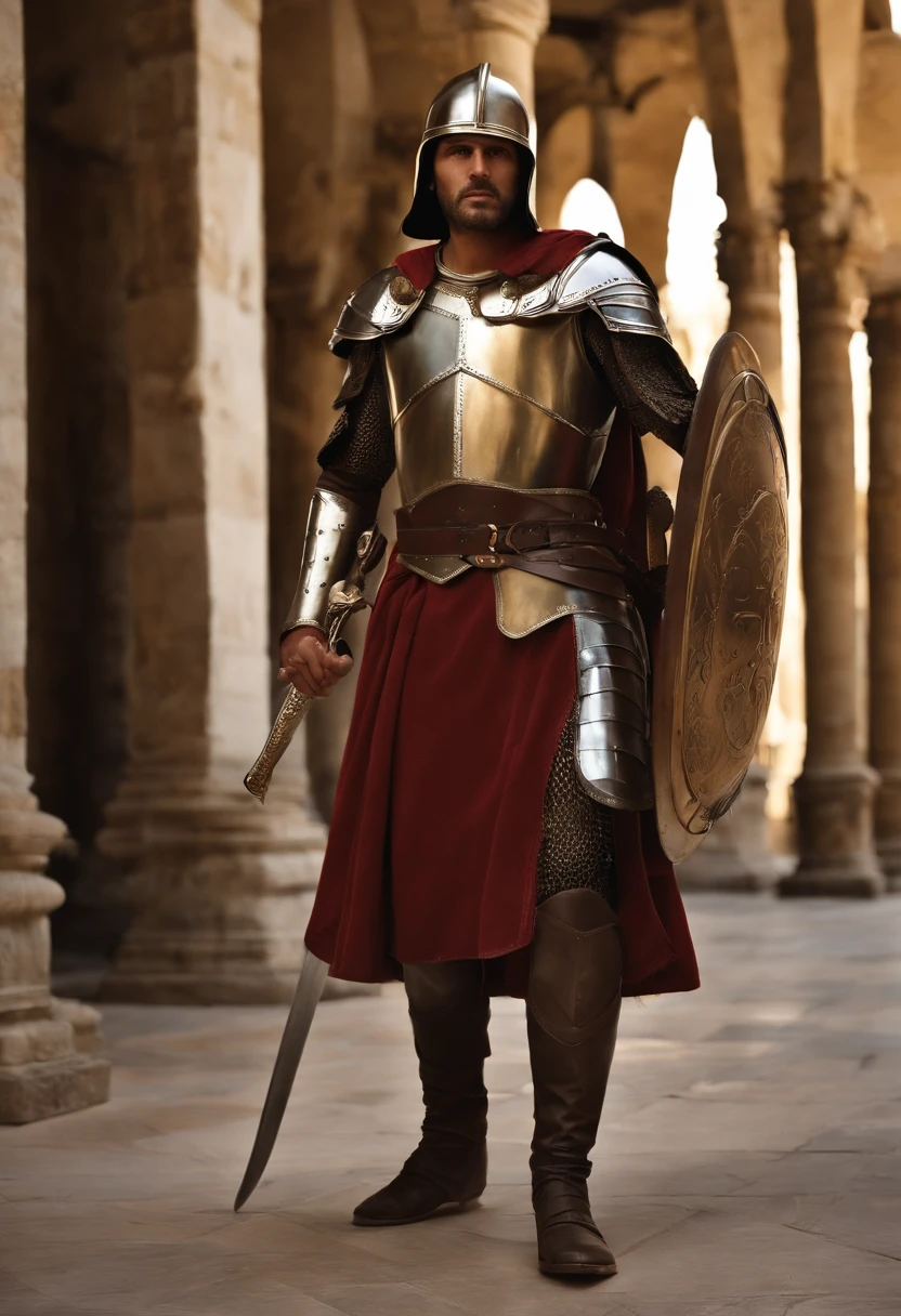 *Fisionomia:** The Roman soldier of Julius Caesar's time would have a distinctive appearance, characteristic of the dress and armor of the time. - **Elmo**: Ele usaria um elmo de bronze ou ferro, geralmente com uma crista adornada, Protecting your head. The helmet would have openings for the eyes and a protection for the nose. - **Cabelos e Barba**: Seus cabelos curtos ou raspados, according to the Roman military practices of the time. The beard would also be kept short or shaved to ensure a proper fit of the helmet. - **Olhos**: The soldier's eyes are visible through the openings of the helmet, displaying a specific and serious look. - **Vestimenta**: He would wear a short woolen tunic, geralmente vermelha ou branca, chamada "short tunic". Envelope to tunic, He wore a metal breastplate (lorica segmentata), composta por tiras de metal articuladas que protegiam o peito e as costas. He would also have a leather or metal skirt, chamada "cingulate", that would protect the groin area. - **Armadura nas Pernas**: Nas pernas, ele usa grevas (caneleiras) de metal para proteger as canelas e as coxas. - **SHOES**: The soldier would wear leather or specific boots with thick soles and nails for grip. **Equipamento e Armas:** - **Gladio Sword**: He would be armed with a gladium, uma espada curta e afiada, especialmente usada para combate corpo a corpo. - **Shield that would protect the groin area. - **Armadura nas Pernas**: Nas pernas, ele usa grevas (caneleiras) de metal para proteger as canelas e as coxas. - **SHOES**: The soldier would wear leather or specific boots with thick soles and nails for grip. **Equipamento e Armas:** - **Gladio Sword**: He would be armed with a gladium, uma espada curta e afiada, especialmente usada para combate corpo a corpo. - **Shield that would protect the groin area. - **Armadura nas Pernas**: Nas pernas, ele usa grevas (caneleiras) de metal para proteger as canelas e as coxas. - **SHOES**: The soldier would wear leather or specific boots with