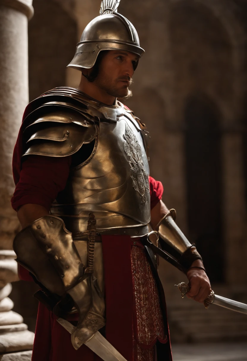 *Fisionomia:** The Roman soldier of Julius Caesar's time would have a distinctive appearance, characteristic of the dress and armor of the time. - **Elmo**: Ele usaria um elmo de bronze ou ferro, geralmente com uma crista adornada, Protecting your head. The helmet would have openings for the eyes and a protection for the nose. - **Cabelos e Barba**: Seus cabelos curtos ou raspados, according to the Roman military practices of the time. The beard would also be kept short or shaved to ensure a proper fit of the helmet. - **Olhos**: The soldier's eyes are visible through the openings of the helmet, displaying a specific and serious look. - **Vestimenta**: He would wear a short woolen tunic, geralmente vermelha ou branca, chamada "short tunic". Envelope to tunic, He wore a metal breastplate (lorica segmentata), composta por tiras de metal articuladas que protegiam o peito e as costas. He would also have a leather or metal skirt, chamada "cingulate", that would protect the groin area. - **Armadura nas Pernas**: Nas pernas, ele usa grevas (caneleiras) de metal para proteger as canelas e as coxas. - **SHOES**: The soldier would wear leather or specific boots with thick soles and nails for grip. **Equipamento e Armas:** - **Gladio Sword**: He would be armed with a gladium, uma espada curta e afiada, especialmente usada para combate corpo a corpo. - **Shield that would protect the groin area. - **Armadura nas Pernas**: Nas pernas, ele usa grevas (caneleiras) de metal para proteger as canelas e as coxas. - **SHOES**: The soldier would wear leather or specific boots with thick soles and nails for grip. **Equipamento e Armas:** - **Gladio Sword**: He would be armed with a gladium, uma espada curta e afiada, especialmente usada para combate corpo a corpo. - **Shield that would protect the groin area. - **Armadura nas Pernas**: Nas pernas, ele usa grevas (caneleiras) de metal para proteger as canelas e as coxas. - **SHOES**: The soldier would wear leather or specific boots with