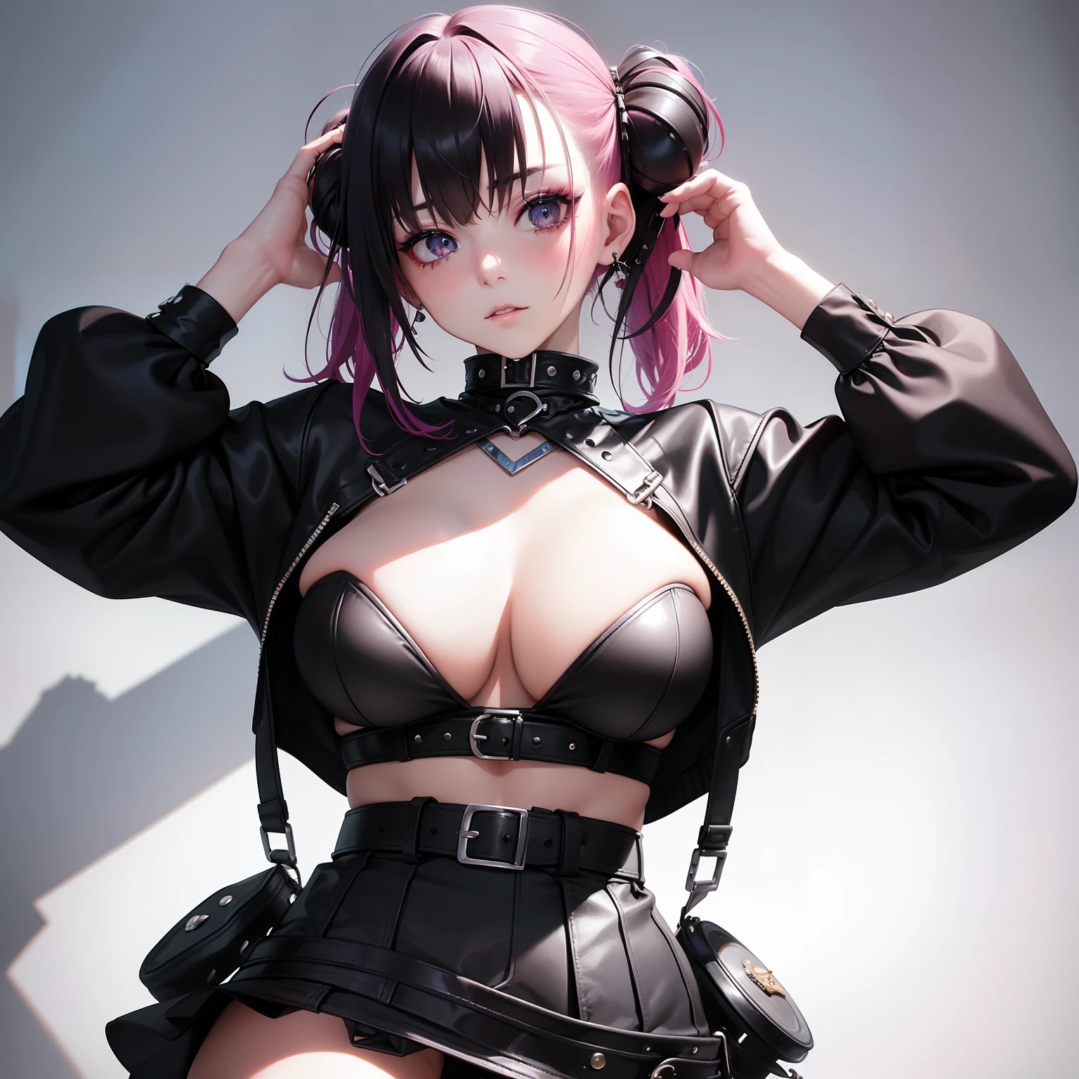 (masuter piece:1.2、top-quality)、(Live action、Intricate details)、(1lady、独奏、The upper part of the body、Colossal tits) garments: Edgy、Avant-garde、Experimental appearance: Shaved head or bold hair color、Dramatic makeup、Unconventional fashion choices behavior: Rebel、Runaway Ladies Leader、secretary-general、Black jumper、Pink mini skirt、Anti-system、Provocative Location: urban art district、Underground Music Scene Hobbies: Take part in punk shows、Create mixed media art、Experiment with different subcultures values: individuality、authenticity、Creative Expression Inspiration: Punk rock music、Counterculture icons、avant-garde art movements Personality traits: boldness、boldness、Unconventional。