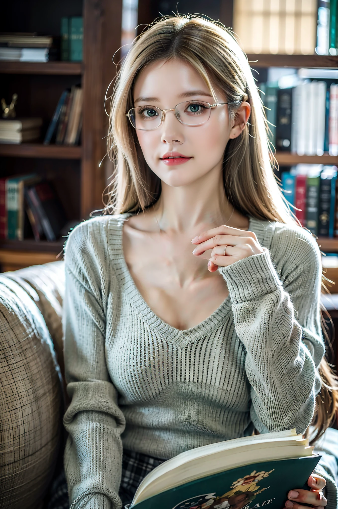(best quality, ultra-detailed), a girl reading a textbook, beautiful detailed eyes, (green eyes:1.2), beautiful detailed lips, longeyelashes, studying, a quiet library, soft natural lighting, bookshelves filled with books, curled up on a cozy armchair, reading glasses, concentrated expression, flowing hair, (white hair:1.3), plaid skirt and bluesky sweater, high-res image, vivid colors, ultra-realistic, photorealistic, photograph, photogenic, bokeh.