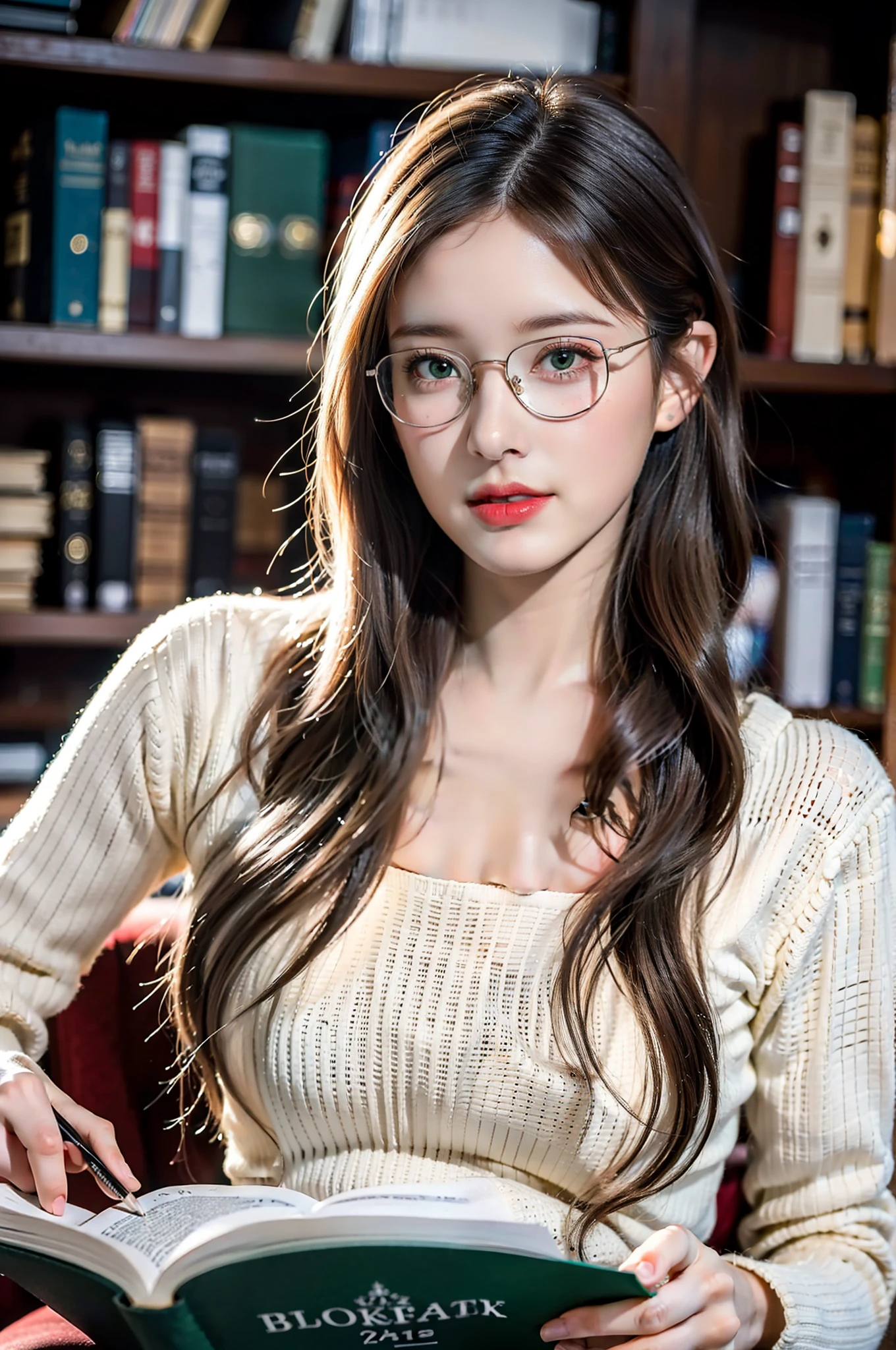 (best quality, ultra-detailed), a girl reading a textbook, beautiful detailed eyes, (green eyes:1.2), beautiful detailed lips, longeyelashes, studying, a quiet library, soft natural lighting, bookshelves filled with books, curled up on a cozy armchair, reading glasses, concentrated expression, flowing hair, (white hair:1.3), plaid skirt and bluesky sweater, high-res image, vivid colors, ultra-realistic, photorealistic, photograph, photogenic, bokeh.
