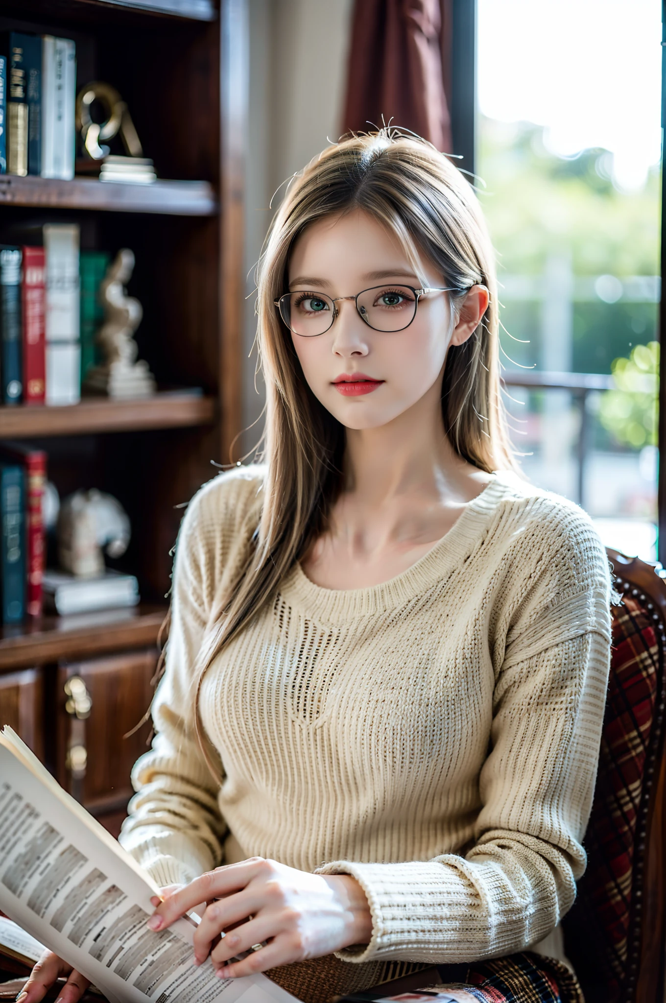 (best quality, ultra-detailed), a girl reading a textbook, beautiful detailed eyes, (green eyes:1.2), beautiful detailed lips, longeyelashes, studying, a quiet library, soft natural lighting, bookshelves filled with books, curled up on a cozy armchair, reading glasses, concentrated expression, flowing hair, (white hair:1.3), plaid skirt and bluesky sweater, high-res image, vivid colors, ultra-realistic, photorealistic, photograph, photogenic, bokeh.