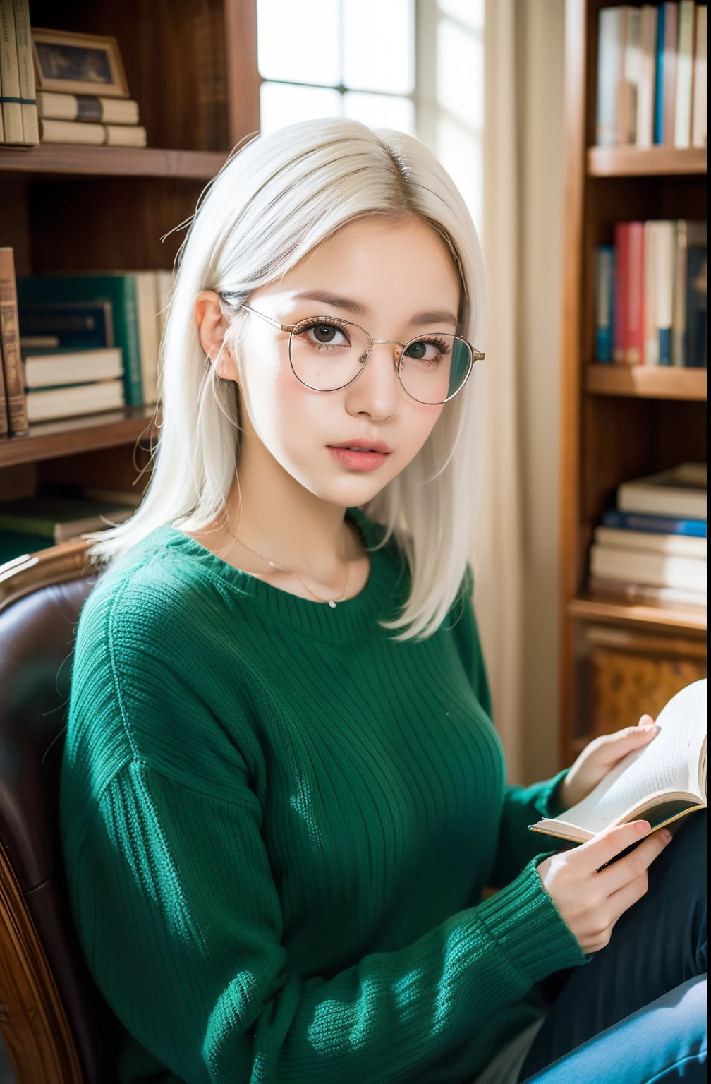 (Best Quality, Ultra-detailed), Girl reading textbook, Beautiful detailed eyes, (Green eyes:1.2), Beautiful detailed lips, longeyelashes, Studying, Quiet library, Soft natural lighting, Bookcase full of books, Curled up in a cozy armchair, Old glasses, Intensive manifestation, Flowing hair, (White hair:1.3), Plaid skirt and blue sky sweater, high resolution images, Vivid colors, Ultra-realistic, Photorealistic, photograph, photogenic, Bokeh.