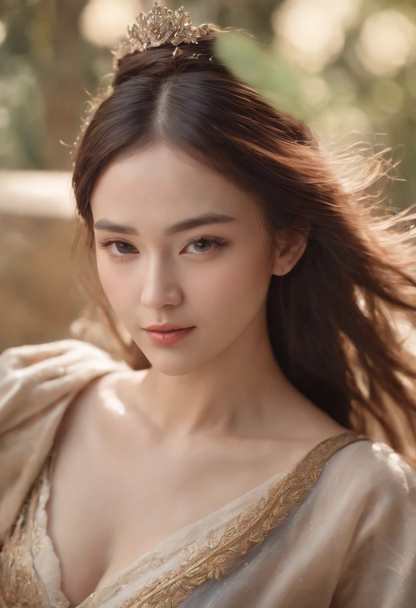 (RAW photo, best quality), (realistic, photo-realistic:1.3),best quality,highly detailed,masterpiece,ultra-detailed,illustration,1girl,upper_body,dynamic angle,world masterpiece theater,messy_long_hair,best quality,extremely detailed CG unity 8k wallpaper,ink,Amazing,cinematic lighting,lens_flare, dunhuang_style