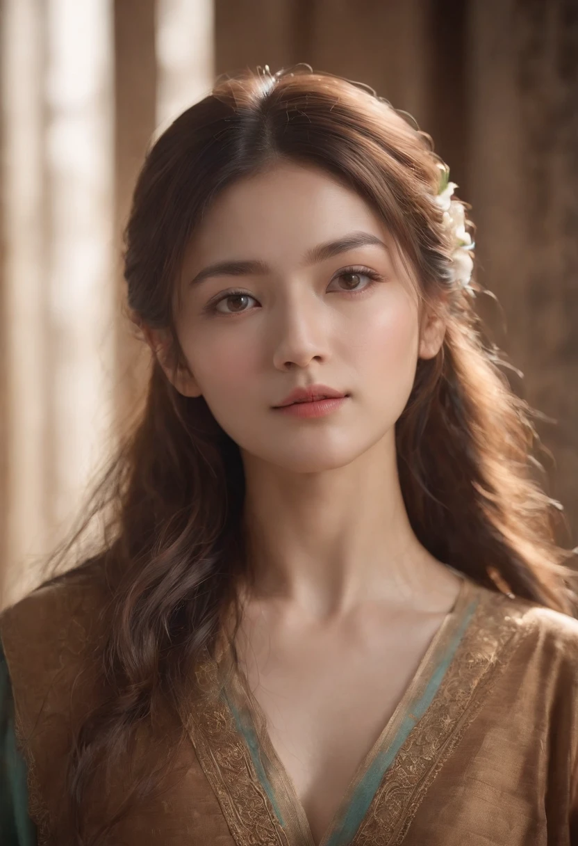(RAW photo, best quality), (realistic, photo-realistic:1.3),best quality,highly detailed,masterpiece,ultra-detailed,illustration,1girl,upper_body,dynamic angle,world masterpiece theater,messy_long_hair,best quality,extremely detailed CG unity 8k wallpaper,ink,Amazing,cinematic lighting,lens_flare, dunhuang_style