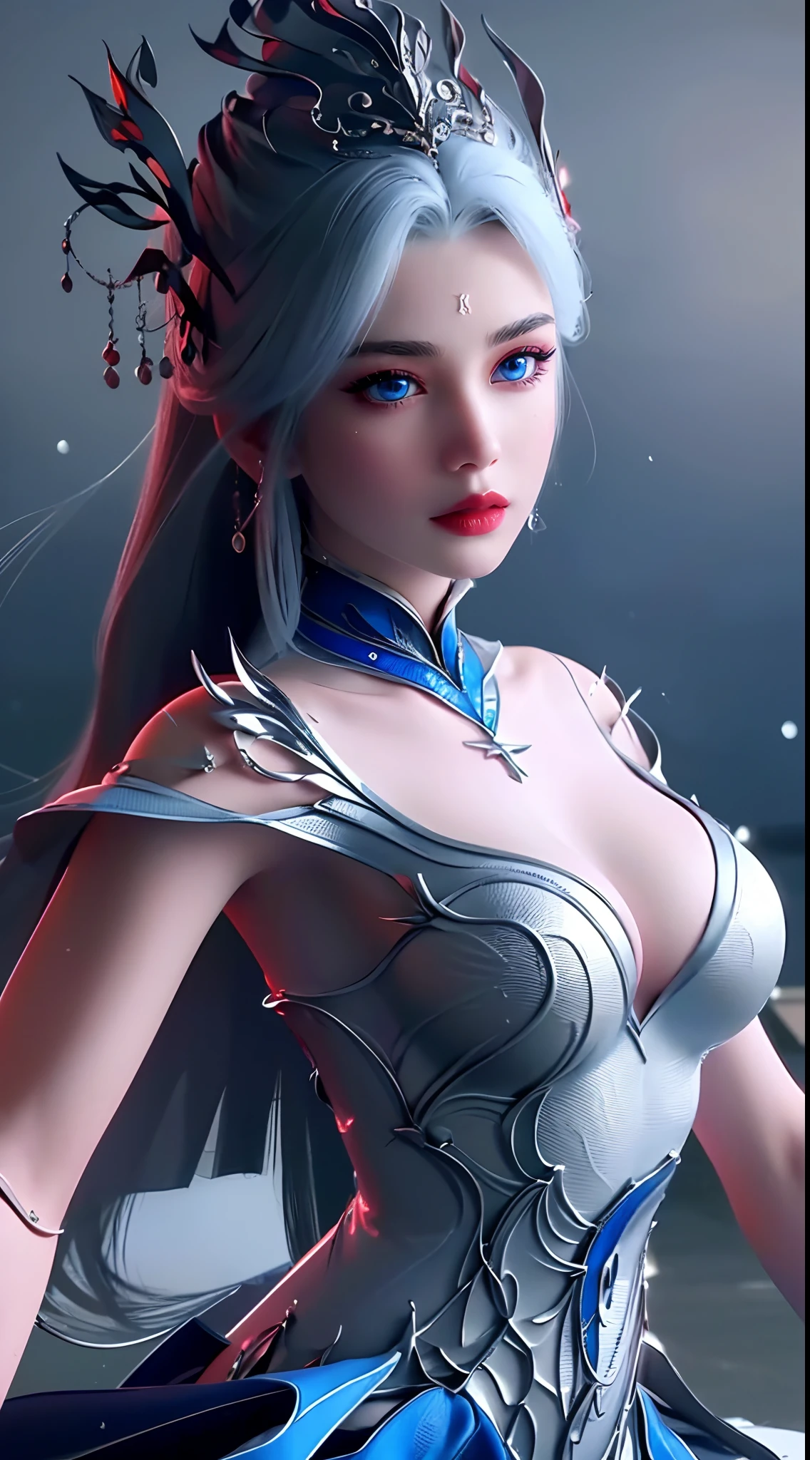 "1 beautiful girl wearing a traditional costume, a long thin light blue dress made of meticulously made silk, deep slit shirt, long hair and silver bangs with a hint of light blue, the most beautiful and detailed hair jewelry, beautiful little face thin eyebrows, the most beautiful and spotless face, ((black iris:0.8)), the very beautiful eyes, big round eyes, ((blue color eyes:1.1)), fine and detailed makeup eyelashes, high nose, wearing earrings, small red lips, rosy face, clean face, beautiful face without blemish, smooth white skin, ((big breasts: 0.9)), Blums boobs, ((big and super round breasts:0.9)), ((super tight breasts:1.2)), ((breast augmentation: 0.8)), beautiful breasts, slim and petite body, ((thin waist: 0.9)), upper body of a beautiful girl, sexy girl, skirt, lace mesh socks to match the color of the outfit, fishnet stockings color coordinated according to the outfit, pose elegantly, elegantly, and politely, 8k photo, super high quality, super realistic, 10x super pixels, photo realistic, dark studio, border light, two tone light, (detailed skin high: 1.2), 8k uhd, dslr, soft light, high quality, volumetric light, candid, Photo, high resolution, light, best photo, 4k quality, 8k, Bokeh, Smooth and sharp, pixel up 10 times, lightning, super graphics, the most realistic graphics, (((Snowy background: 1.6))), 1 girl, alone, solo, ((frontal portrait:1.5)), Extremely sharp, super realistic images."