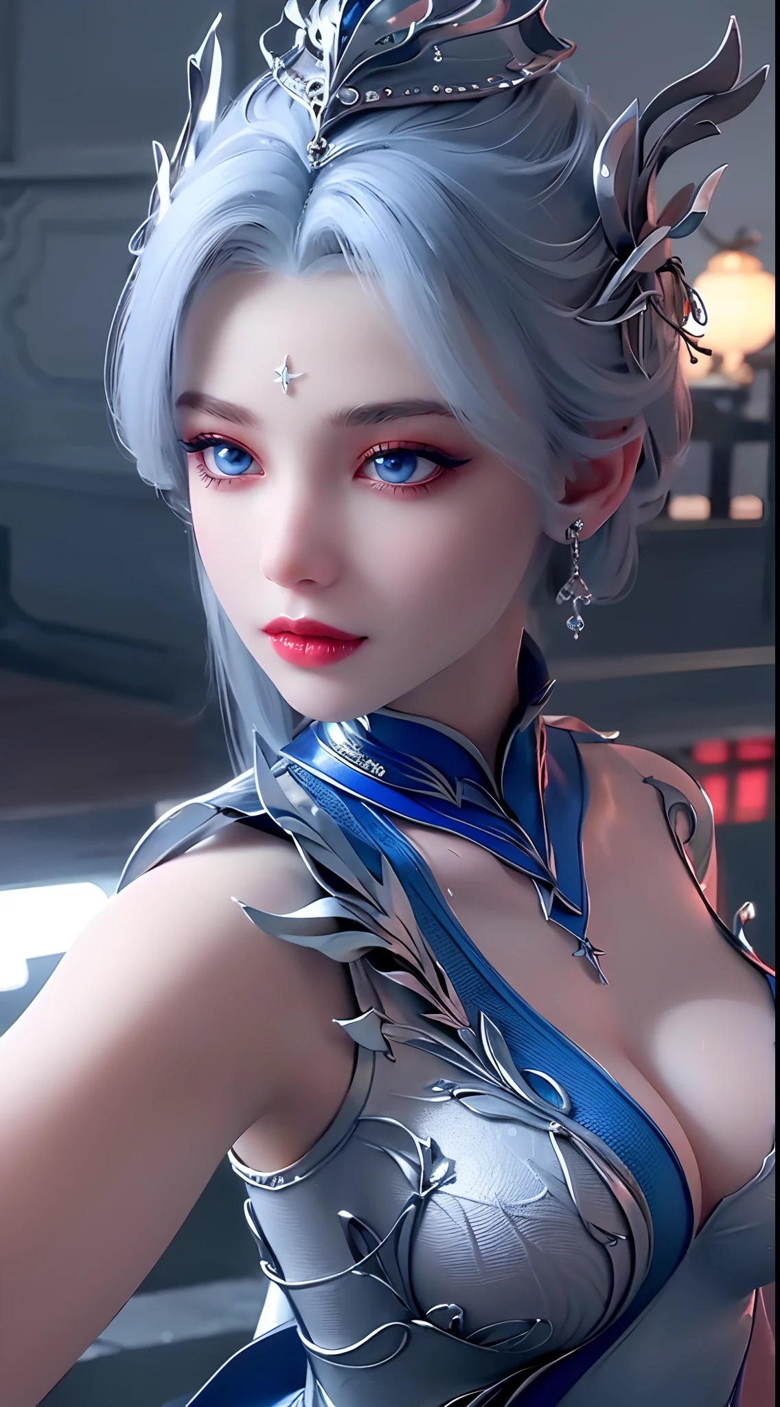 "1 beautiful girl wearing a traditional costume, a long thin light blue dress made of meticulously made silk, deep slit shirt, long hair and silver bangs with a hint of light blue, the most beautiful and detailed hair jewelry, beautiful little face thin eyebrows, the most beautiful and spotless face, ((black iris:0.8)), the very beautiful eyes, big round eyes, ((blue color eyes:1.1)), fine and detailed makeup eyelashes, high nose, wearing earrings, small red lips, rosy face, clean face, beautiful face without blemish, smooth white skin, ((big breasts: 0.9)), Blums boobs, ((big and super round breasts:0.9)), ((super tight breasts:1.2)), ((breast augmentation: 0.8)), beautiful breasts, slim and petite body, ((thin waist: 0.9)), upper body of a beautiful girl, sexy girl, skirt, lace mesh socks to match the color of the outfit, fishnet stockings color coordinated according to the outfit, pose elegantly, elegantly, and politely, 8k photo, super high quality, super realistic, 10x super pixels, photo realistic, dark studio, border light, two tone light, (detailed skin high: 1.2), 8k uhd, dslr, soft light, high quality, volumetric light, candid, Photo, high resolution, light, best photo, 4k quality, 8k, Bokeh, Smooth and sharp, pixel up 10 times, lightning, super graphics, the most realistic graphics, (((Snowy background: 1.6))), 1 girl, alone, solo, ((frontal portrait:1.5)), Extremely sharp, super realistic images."