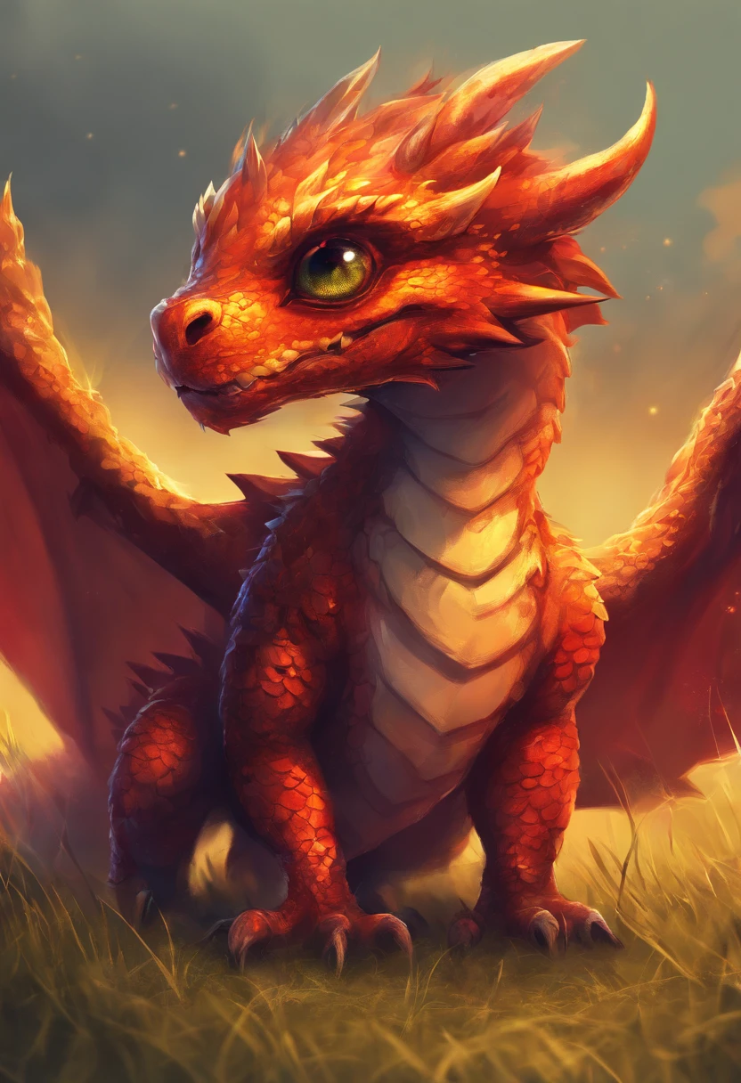 a small cute fire dragon with big eyes, in a grassland