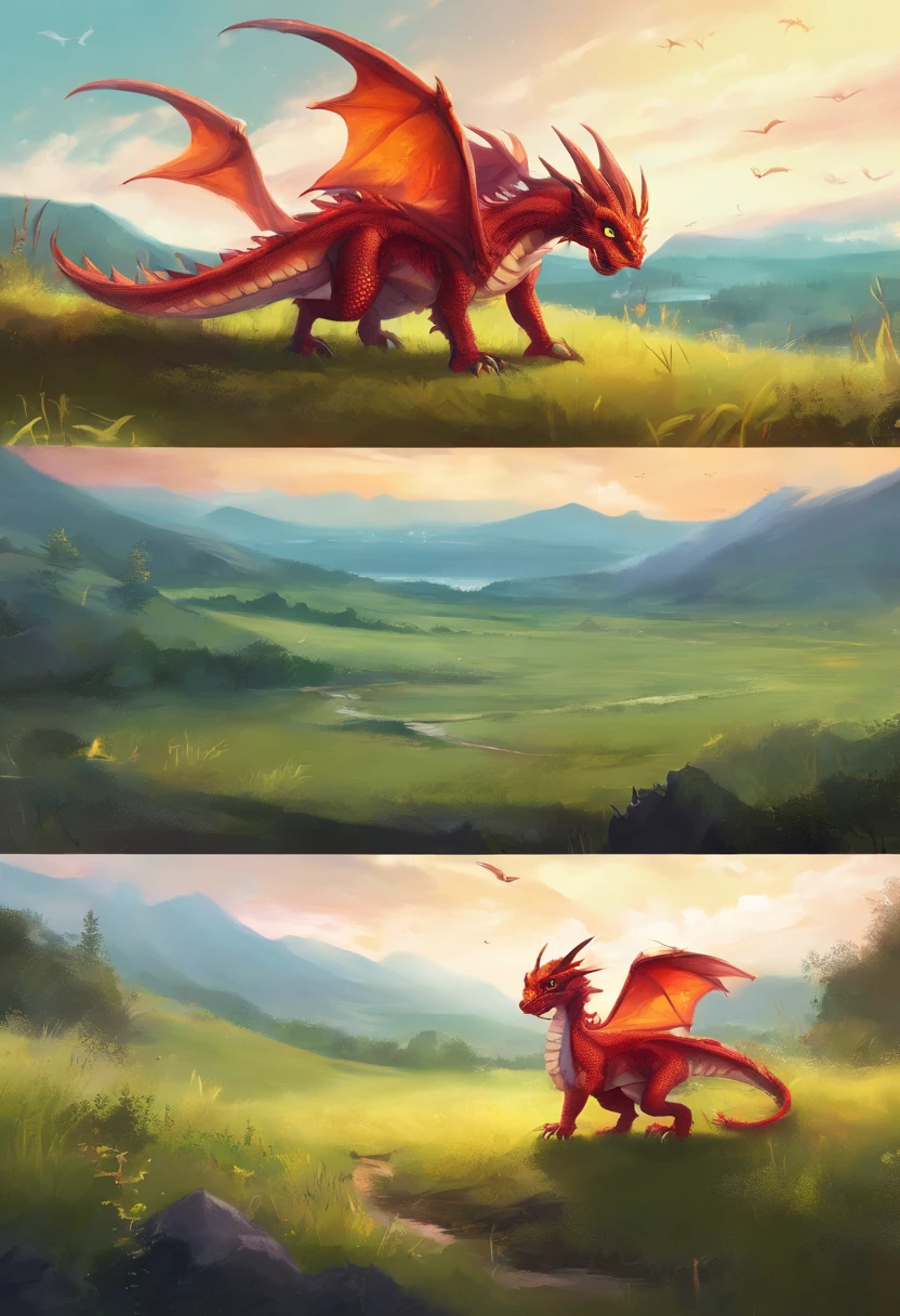 a small cute fire dragon with big eyes, in a grassland