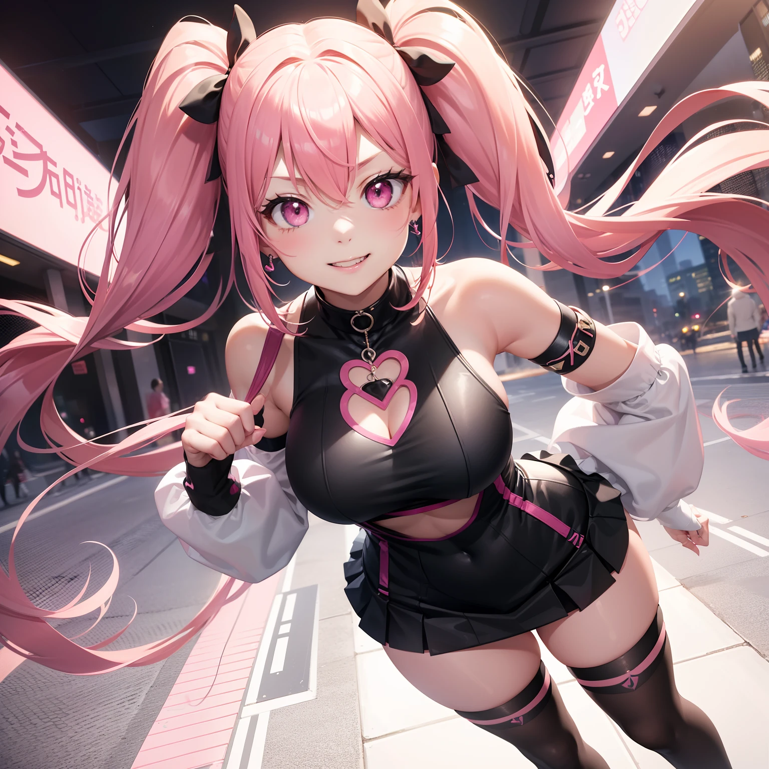 full body Esbian, masutepiece: 1.2, Highest Quality), (Live-action, elaborate details), (1 Lady, Solo, Upper body,) Clothing: Edgy, Black long jumper, pink miniskirt, long hair with pink twin tails,,,,,,,、Avant-garde, Experimental appearance: Long pink twin tail hair 、Heart-shaped choker、The location: bustling city、Solo, Nice smile、Value Creation in Mixed Media Art: individuality, authenticity, Creative expression