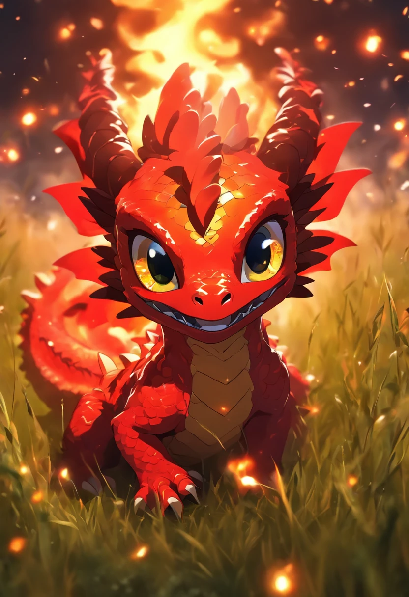 a small cute fire dragon with big eyes, in a grassland