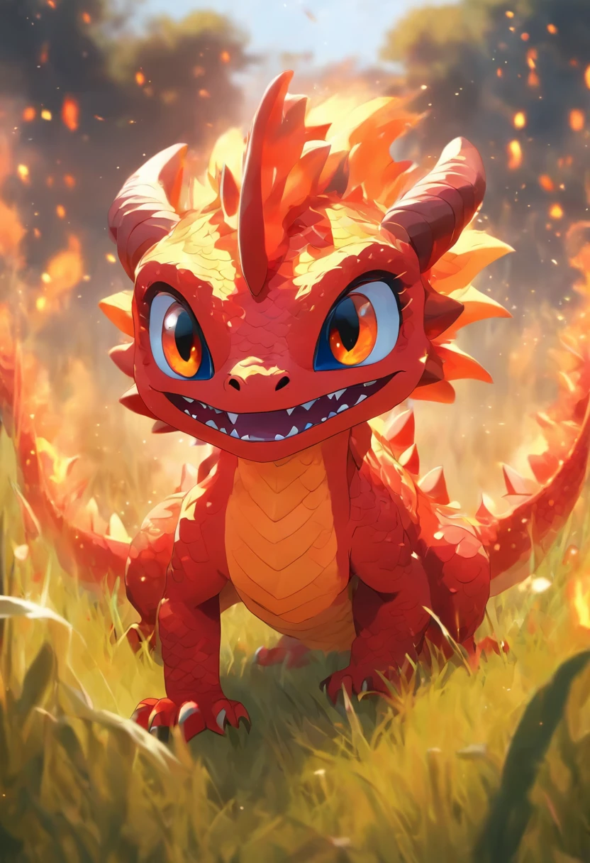 a small cute fire dragon with big eyes, in a grassland