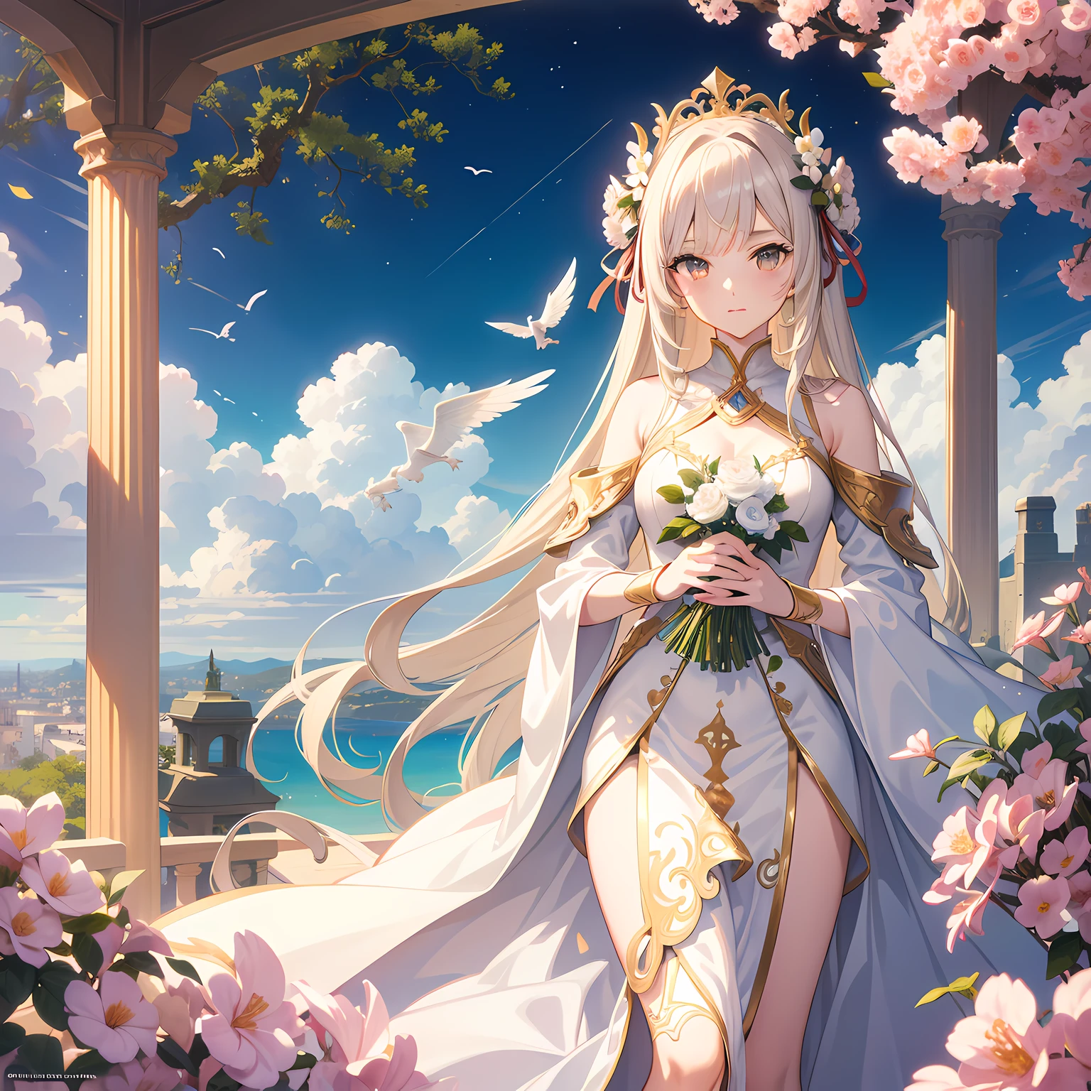 Official Art, Masterpiece European female, angel, white wings, pale brown hair , brown eyes, (masterpiece、top-quality、hight resolution: 1.4),in 8K, Anime Art Nouveau, highly detailed exquisite fanart, anime fantasy illustration, clean detailed anime art, detailed anime art, Sharp Focus, Delicate Beautiful Hair and Eyes and Face, realisitic, ultra-detailliert, flower garden, sunlight,
