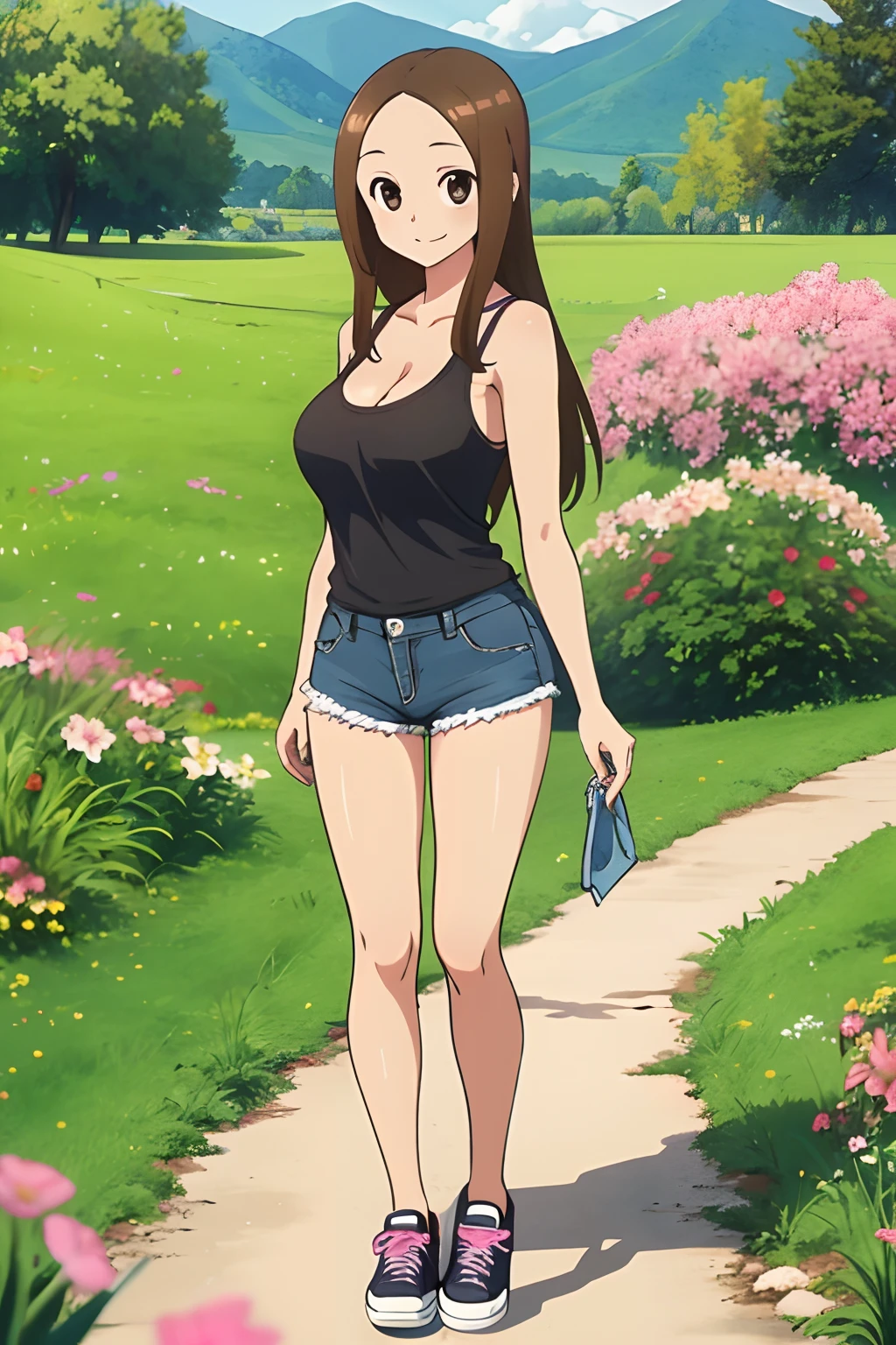 (Realistic),(Photorealistic),Takagi_San, 1girl in, Long hair, Brown hair, Part bangs, Brown eyes,Pink tank top,large full breasts,cleavage of the breast,Light Blue Jeans Shorts,Pink tank top,Black sneakers,Forehead,Smile, Looking at Viewer,masutepiece,Big ass,Full body, Best Quality, (Colorful),volumatic light, Ray tracing,the Extremely Detailed CG Unity 8K Wallpapers,Smile,((flying petal)),(Flowery meadow), Sunny,Sunshine, light, Fantasy, Windy, magic sparks, Trees, lake, mountainscape, ((Flowers)),field,