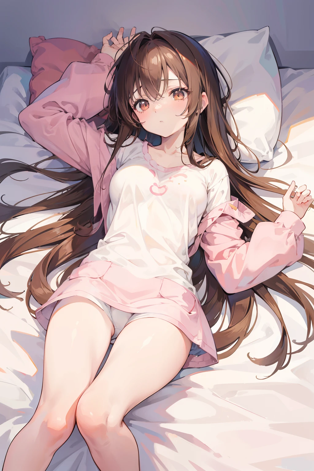 Anime girl, long brown hair, mature, in cute white top with pastel pink pajamas, laying flat on her back, hands splayed, beautiful brown eyes, sleepy expression, bare legs, smooth legs, 8k, high resolution, in a beautiful room background, good anatomy