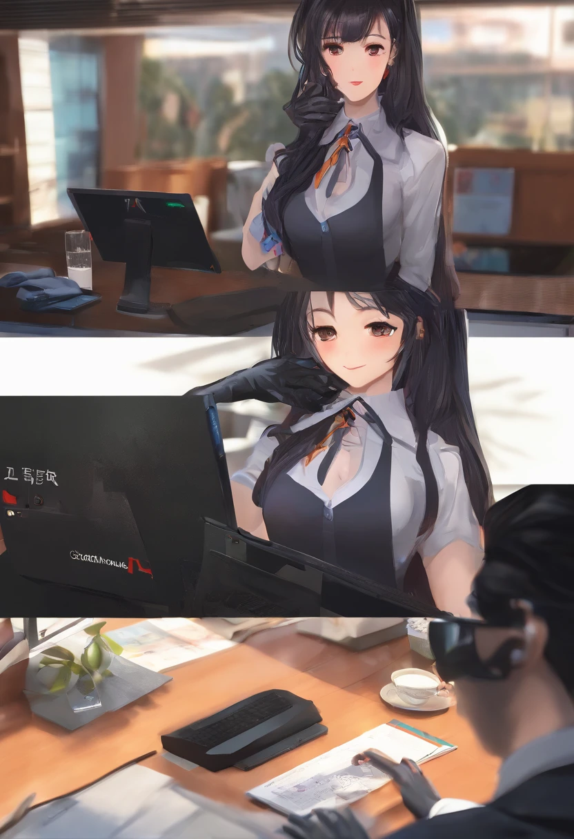 Wearing black leather gloves in both hands, upper body, black business suit, facing the desk in my room with a computer in the dark, looking down and smiling, operating the computer with the fingertips of black leather gloves, black hair bundled at the back for a long time, still young and very cute Japanese female new employee (black leather gloves cover both hands)