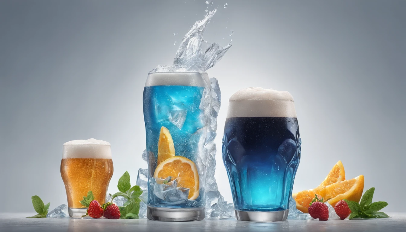 Arte conceitual, paisagem de bar, movimento, people drinking behind, 3d, cerveja crystal lata, a lata aos ares com gelo em volta