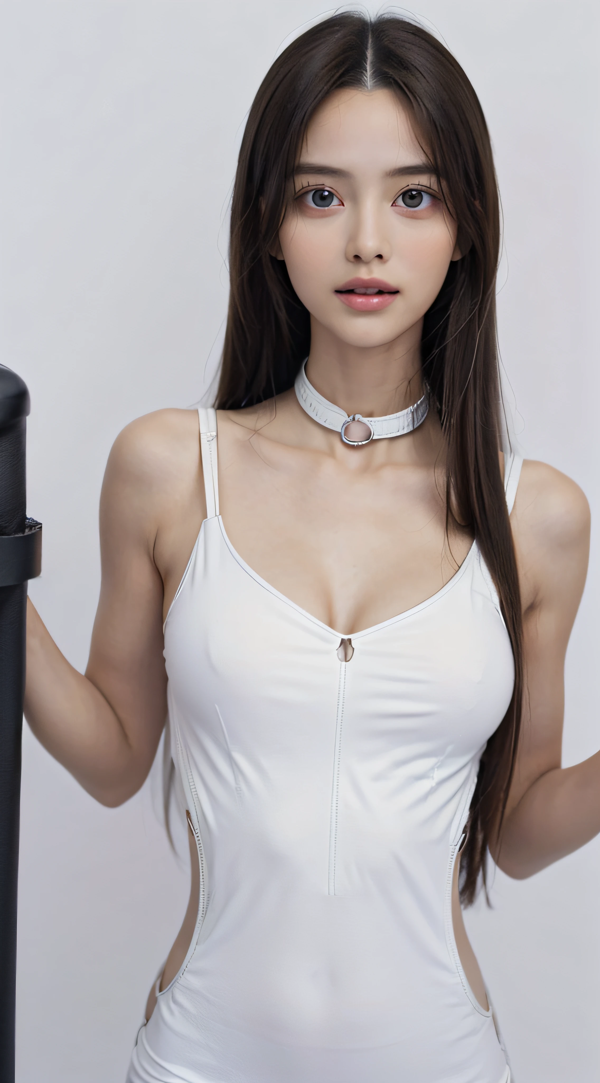 (Very long straight hair, brown:2), (masterpiece, best qualtiy, Light photo, Photorealsitic, From the top of the head to the crotch:1.7), BREAK (2 girls in, Beautuful Women, the skin is white and clean, Good Style, Half Japan and half French, with large breasts but thin, sixteen years old:1.7), BREAK (Stunning innocent symmetrical face, Beautiful fece, light skinned:1.7) BREAK (Beautiful eye details, Beautiful noseline, Details of a beautiful little nose, Beautiful thin lips Description, closes mouth, Fair skin, zora々skin:1.8) BREAK (drooping eyes with long slits, Symmetrical eye shape:1.4), (Light Brown Big eyes:1.4), BREAK (Ivory Tight Tank Top Dress:2), (Black Choker:1.5), (Looking at the camera, Focused:1.6), (Cheerful, The whole body flushed, Laughing and blushing, Plain Smile, Carefree smile:1.5), (Large breasts, taut breasts,neat shape breasts:2.4), (slender:2.2), (Thin body, thin waist, Thin under the chest,Thin arms, thin neck, Thin leg, thin shoulders, sloped shoulder:2), BREAK (White Simple background:2.2), (early morning, Healthy morning, good condition、It's a little dark around, flat lighting:2), BREAK (9 head body, Beautiful Large Breasts, Beauty Slender Body Line, slender:2), (stanchion, Black Leather Restraint collar:2)