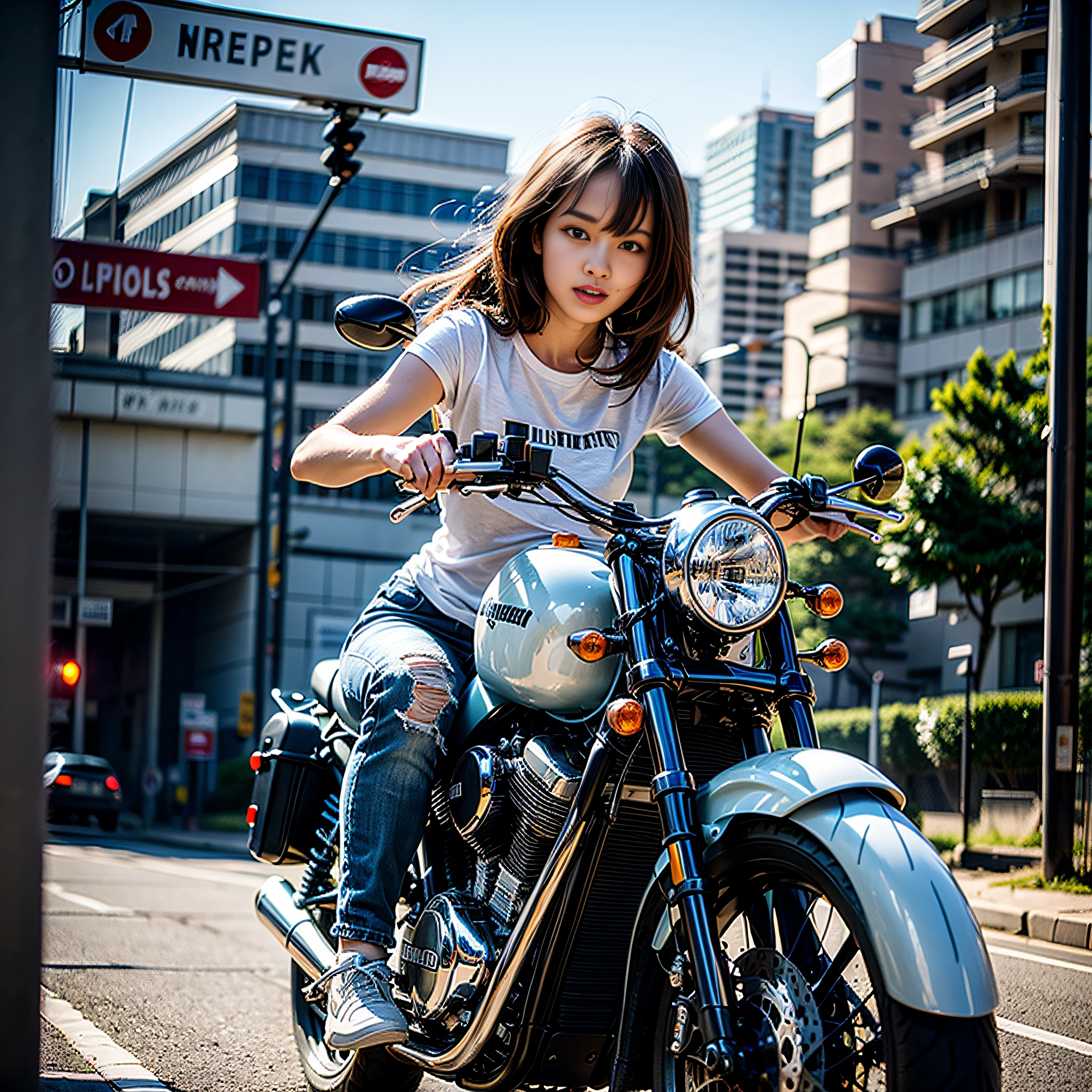 (Best Quality), Masterpiece, Ultra-high-resolution photos,1 Cute Girl, Big motorcycle ride, a white T-shirt, Ripped jeans, White sneakers, Motorcycles driving through the city at high speed (Speeding), (slow motion: 1.3), (motion blur: 1.3), (Speed Line: 1.4), sense of speed,